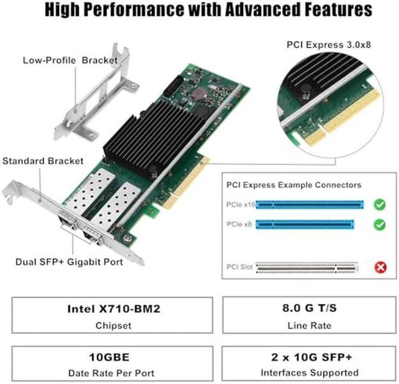 Alt view image 2 of 5 - 10Gb Ethernet Converged Network Card, with Intel X710-BM2 Chip, Dual SFP+ Connectors, PCI Express Ethernet LAN Adapter Support Windows Server/Windows/Linux/ESX, Compare to Intel X710-DA2
