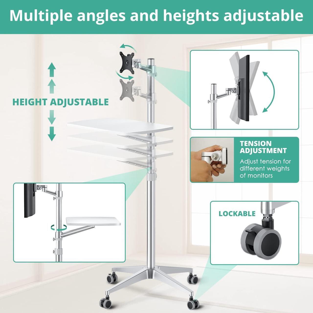 Alt view image 3 of 5 - viozon Mobile Desk,Mobile Workstation,Mulitiuse Rolling Laptop Floor Stand,34"-48.6" Height Adjustable,Compatible with 17"-27"Monitor&12"-17"Laptop,21"x14" Desk Board,Maxload 17.6lbs,4 Lockable Wheels