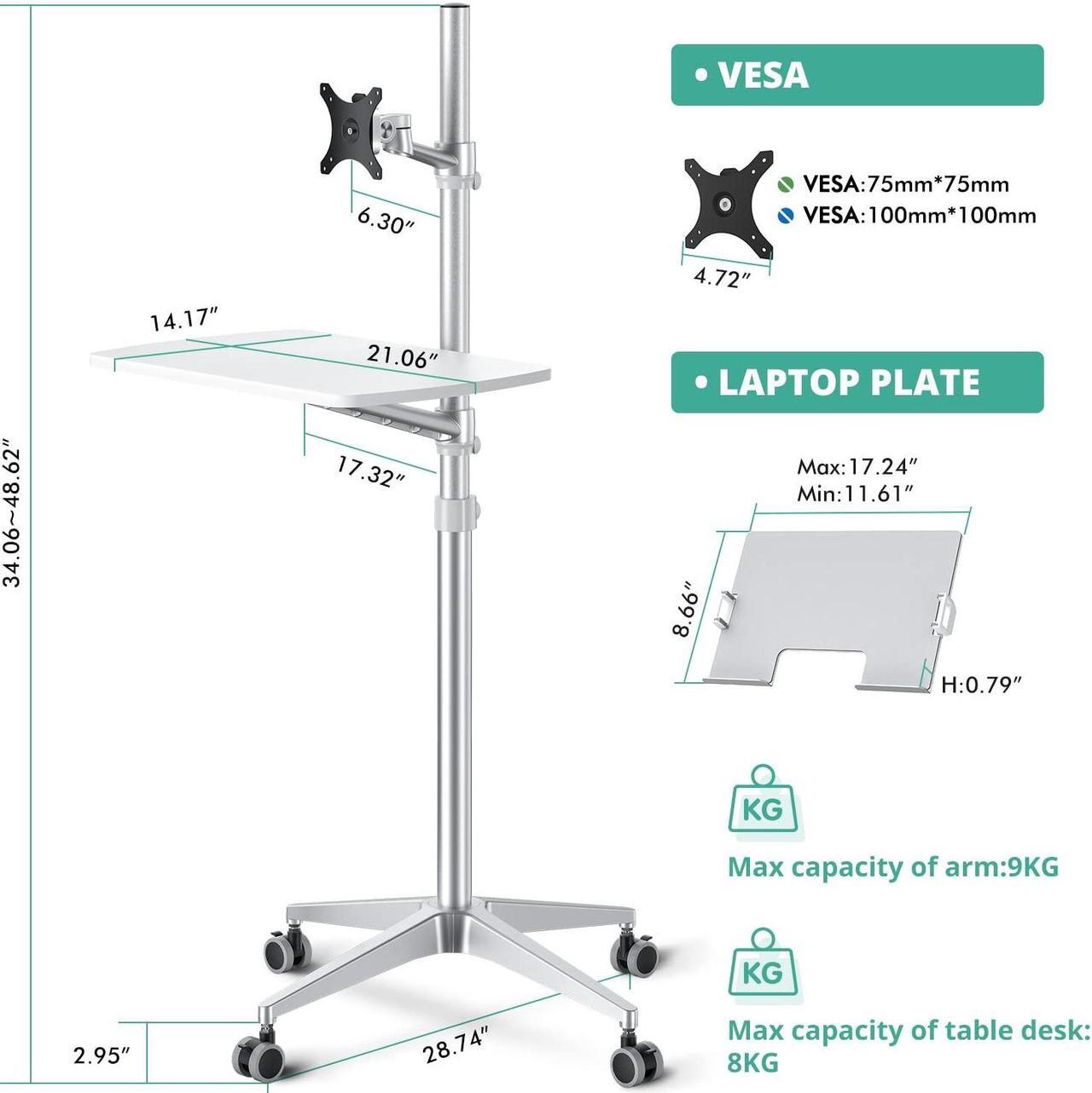 Alt view image 4 of 5 - viozon Mobile Desk,Mobile Workstation,Mulitiuse Rolling Laptop Floor Stand,34"-48.6" Height Adjustable,Compatible with 17"-27"Monitor&12"-17"Laptop,21"x14" Desk Board,Maxload 17.6lbs,4 Lockable Wheels
