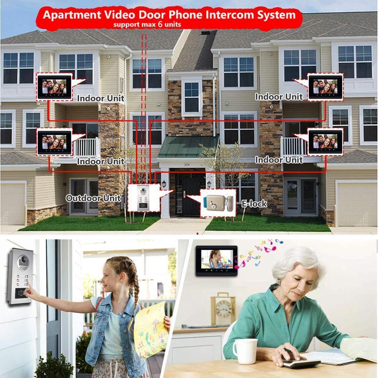 Alt view image 2 of 5 - AMOCAM Upgrade Versions 4 Units Apartment Intercom System 7 inch Touch Monitor Video Door Phone Kits Support Ethernet Cable Connect, Single-Supply, ID Keyfobs Unlock for Home Apartment