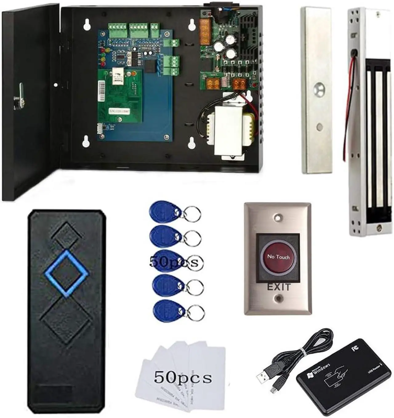 Main image of 1 Door Access Control System with 600lbs Magnetic Lock Access Control Panel 110V Power Supply Box RFID Reader No Touch Exit Button Enroll USB Reader RFID Card Key Fob Phone APP Remotely Open Lock