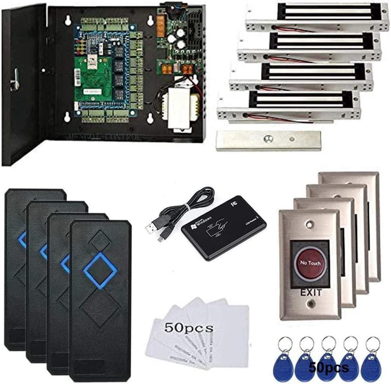 Main image of 4 Door Access Control System with 600lbs Magnetic Lock Access Control Panel 110V Power Supply Box RFID Reader No Touch Exit Button Enroll USB Reader RFID Card Key Fob Phone APP Remotely Open Lock