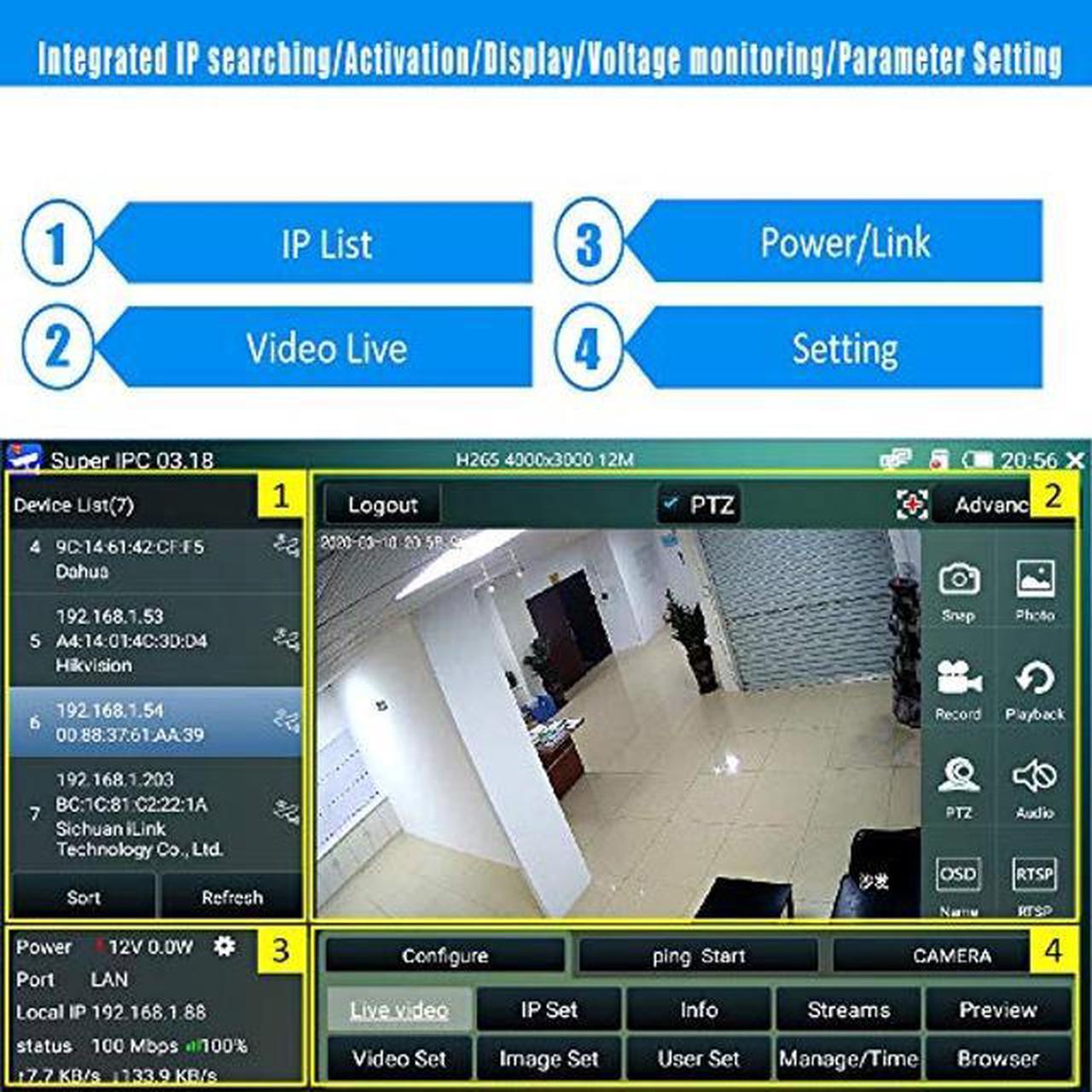 Alt view image 3 of 5 - 7 Inch IP Camera Tester Security CCTV Tester Monitor-Support 6K IP/Coax/Analog Camera-with HDMI in&Out/Power Output/PTZ Control/IP Searching/Network Tool