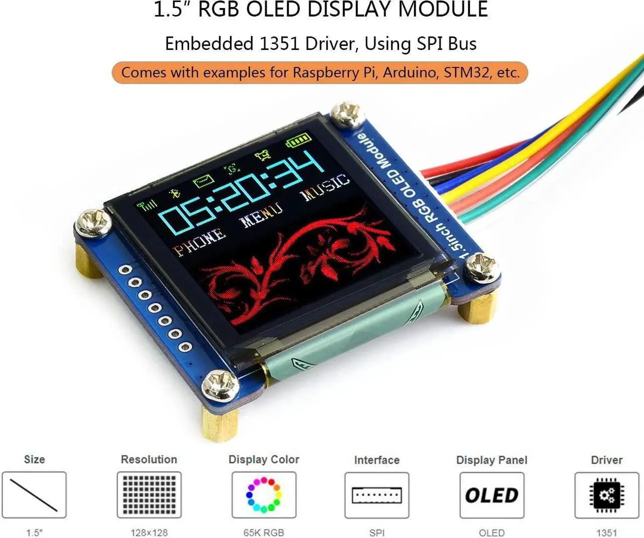 Alt view image 2 of 5 - waveshare 1.5inch RGB OLED Display Module for Raspberry Pi/Jetson Nano/Arduino/STM32, 128x128 Pixels,16-bit High Color (65K Colors) SPI Interface