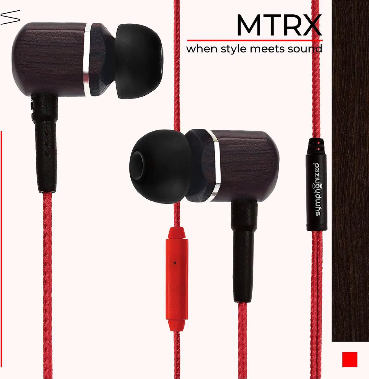 Alt view image 2 of 5 - Symphonized MTRX Premium Genuine Wood In-ear Noise-isolating Headphones with Mic and Nylon Cable (Red)