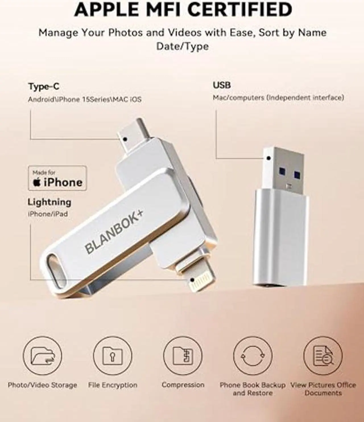 Alt view image 2 of 5 - MFi Certified 128GB Flash drive for iPhone Photo Stick, USB Thumb Drive Memory Stick High Speed USB Drive Photo Storage for iPhone USB Stick Compatible for iPhone/iPad/Android/PC