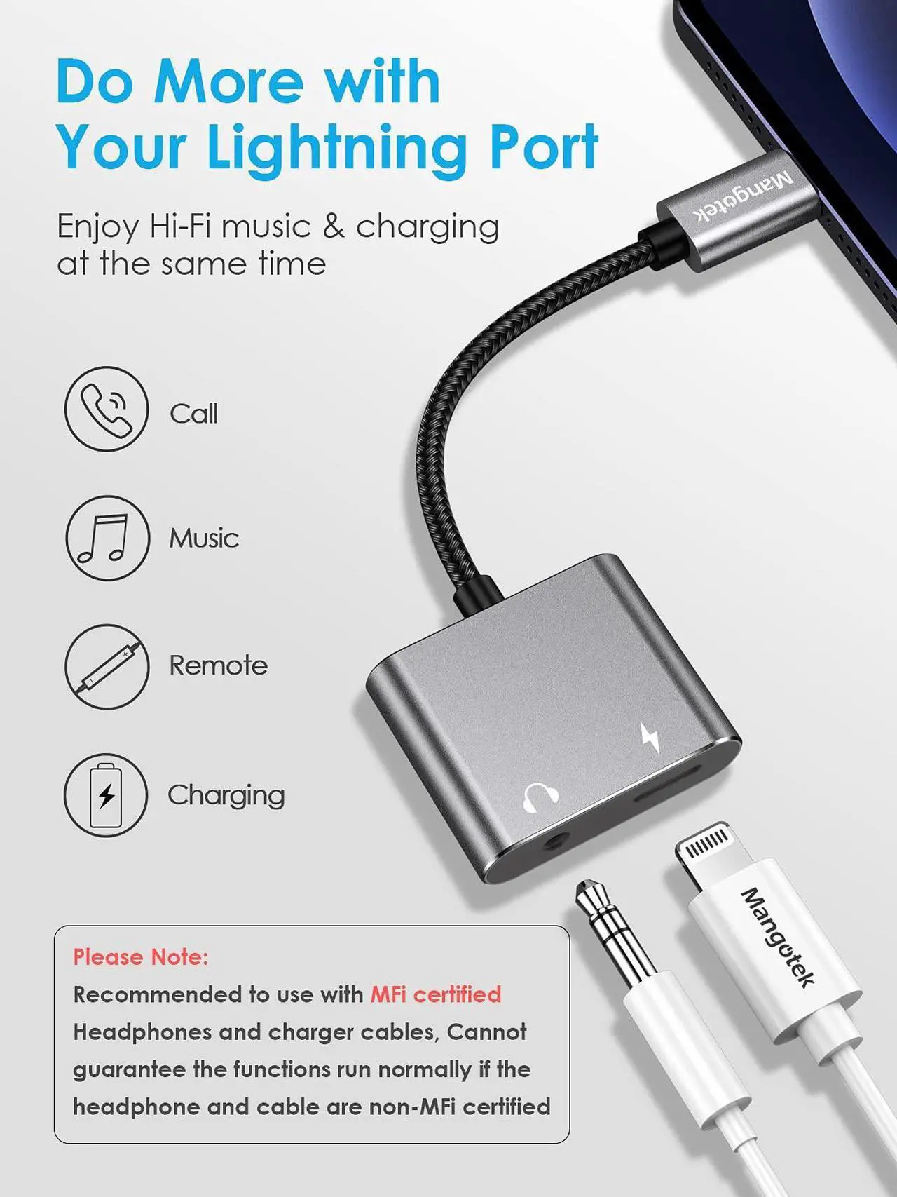Alt view image 2 of 5 - Mangotek iPhone Headphone Adapter, iPhone Aux and Charger Adapter,Apple Lightning to 3.5 mm Headphone Jack Adapter, Dongle for iPhone 14/13/12/11 Pro Max/Pro/Plus/Mini/XR/XS/8/7 Plus,Grey