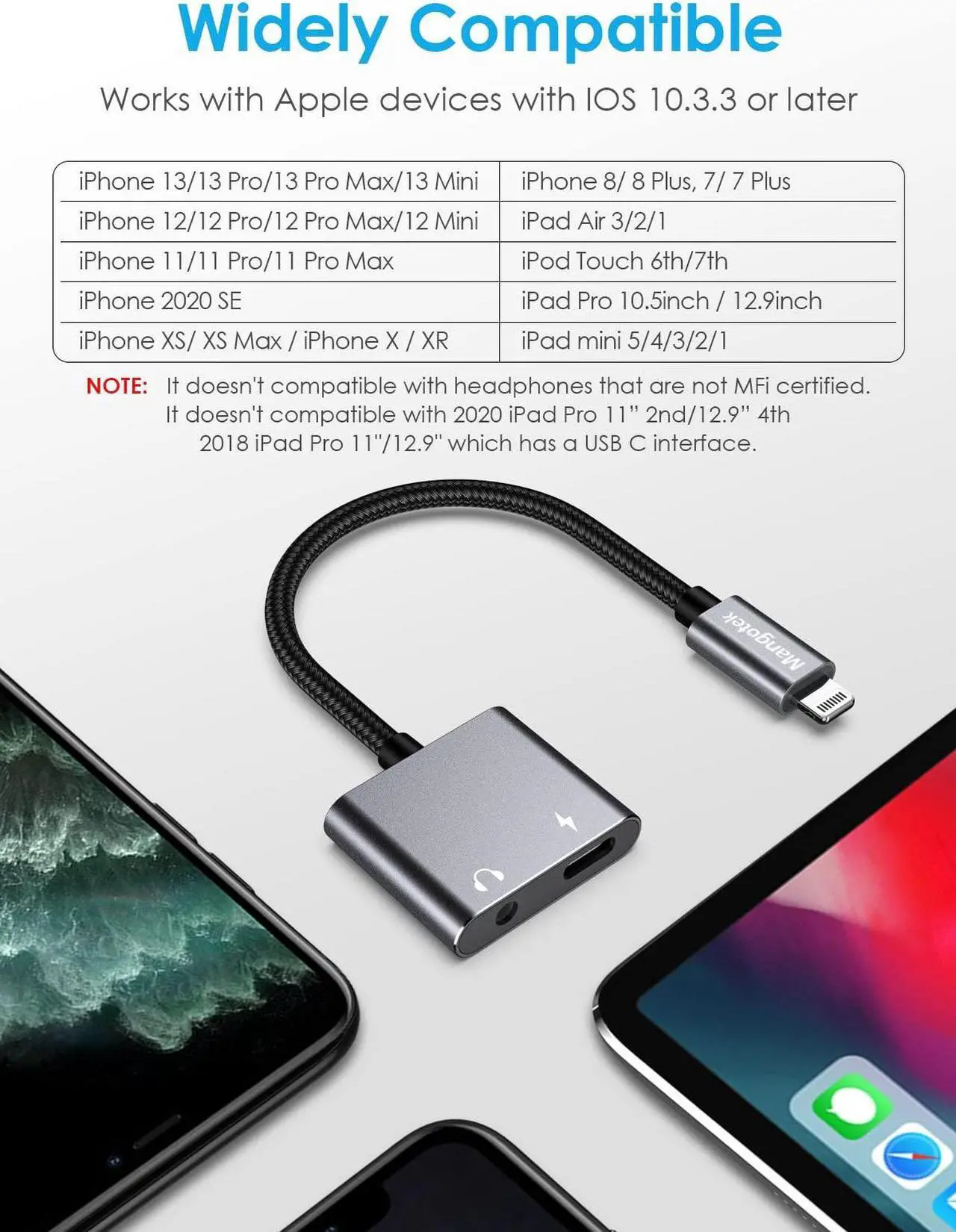 Alt view image 5 of 5 - Mangotek iPhone Headphone Adapter, iPhone Aux and Charger Adapter,Apple Lightning to 3.5 mm Headphone Jack Adapter, Dongle for iPhone 14/13/12/11 Pro Max/Pro/Plus/Mini/XR/XS/8/7 Plus,Grey
