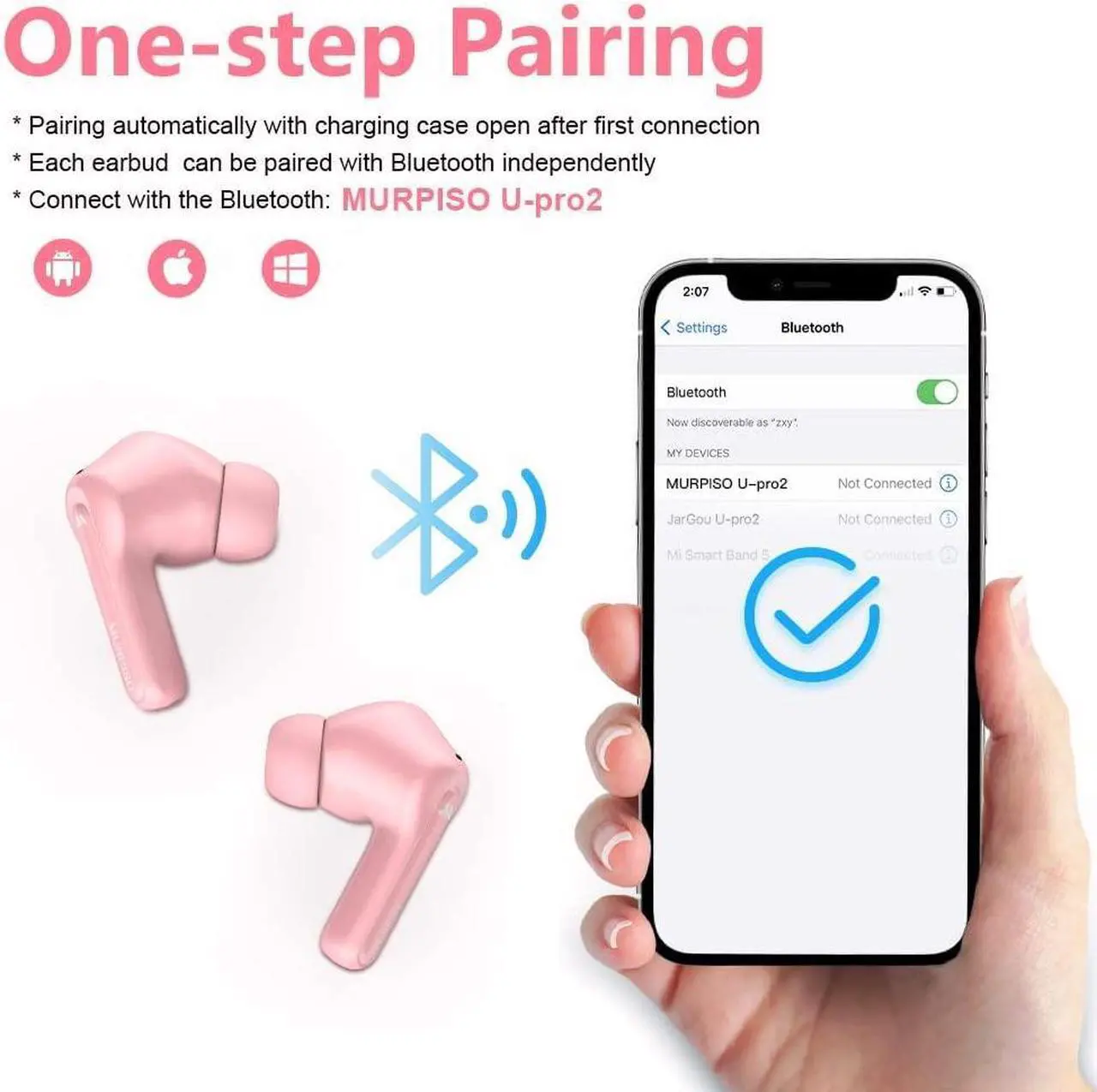 Alt view image 2 of 5 - MURPISO Wireless Earbuds, Active Noise Cancelling Bluetooth5.2 Deep Bass Headphones with 4 Mics, 35 Hours Playtime, IPX6 Waterproof Earphones, in-Ear Bluetooth Earbuds for iPhone Android Pink