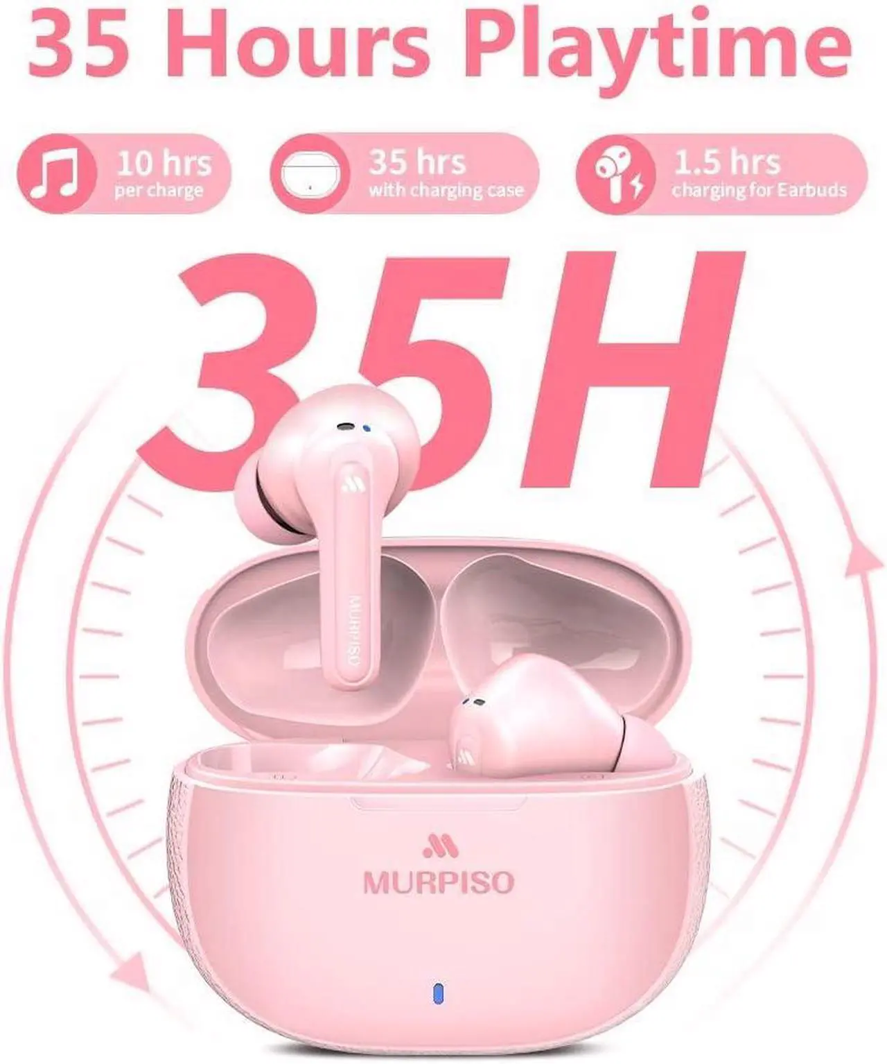 Alt view image 3 of 5 - MURPISO Wireless Earbuds, Active Noise Cancelling Bluetooth5.2 Deep Bass Headphones with 4 Mics, 35 Hours Playtime, IPX6 Waterproof Earphones, in-Ear Bluetooth Earbuds for iPhone Android Pink