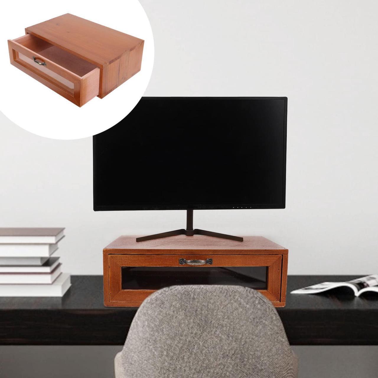Alt view image 2 of 5 - TOPBATHY Wood Monitor Stand Riser Drawer: Retro Desktop Stand Desk Storage Organizer TV Shelf Stand Dresser Box for Laptop Computer Notebook PC