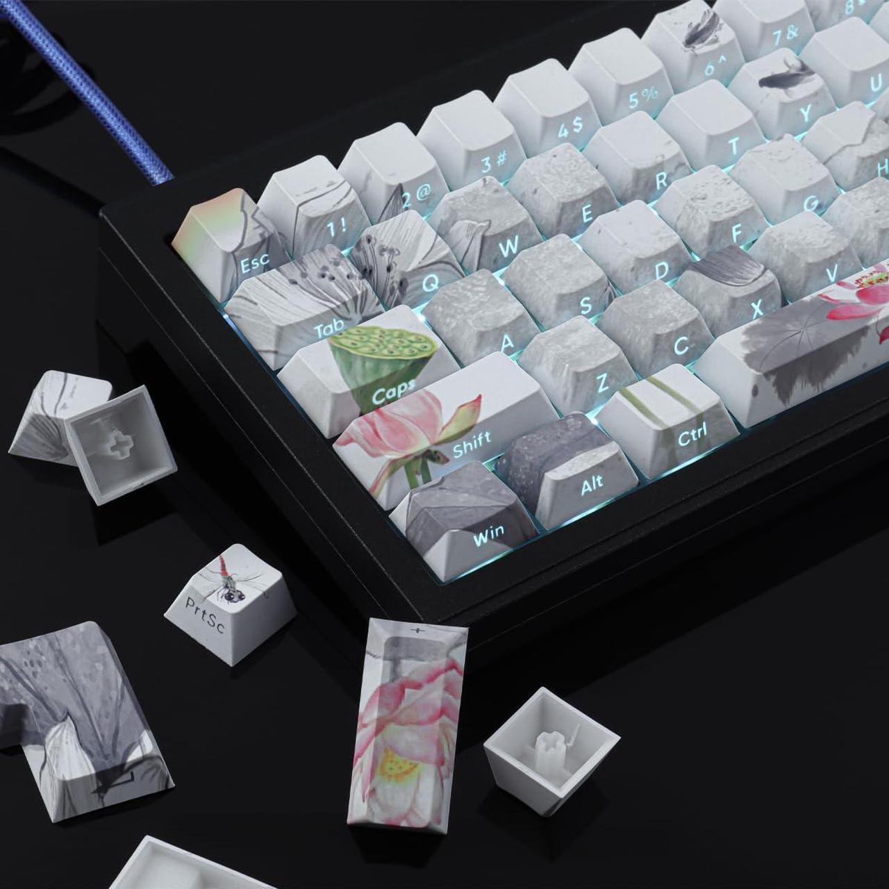 Alt view image 2 of 5 - Tsungup Side Printed Keycap Set - Ink Lotus Pond Custom Keycaps,135 Keys PBT Shine Through Keycaps Cool Keycaps,Cherry Profile Keyboard Keycaps for Cherry MX Switches Mechanical Keyboards