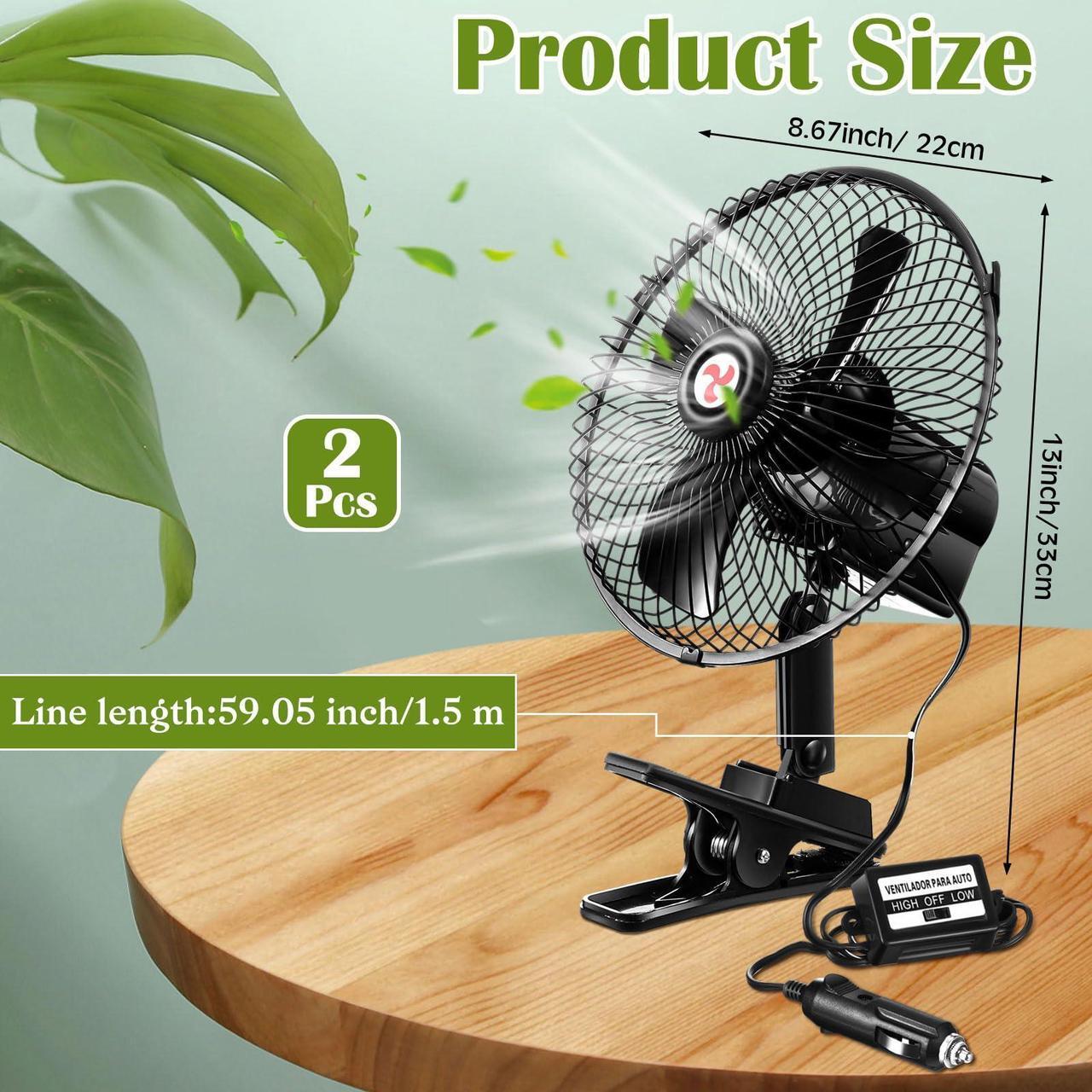 Alt view image 2 of 5 - Tujoe 2 Pcs Portable Car Fan with Car Cigarette Lighter Electric Cooling 12 Volt Oscillating Fan 12 Volt Fan Automobile Vehicle 360 Degree Swivel Fan with Clip for Car Truck Supplies, Black (8 Inch)