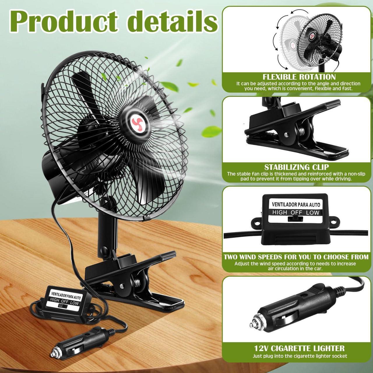 Alt view image 3 of 5 - Tujoe 2 Pcs Portable Car Fan with Car Cigarette Lighter Electric Cooling 12 Volt Oscillating Fan 12 Volt Fan Automobile Vehicle 360 Degree Swivel Fan with Clip for Car Truck Supplies, Black (8 Inch)