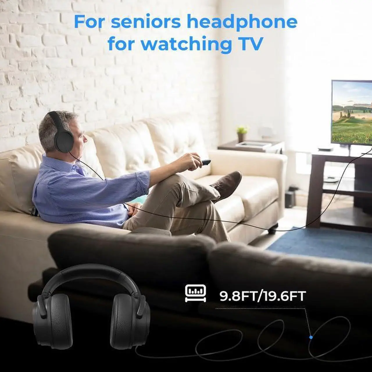 Alt view image 4 of 5 - WMSZMSM Extra Long Cord Wired Headphone for TV and PC for TV Watching for Seniors with Volume Control Wired Headphones with Long Cord Length(19.6FT)