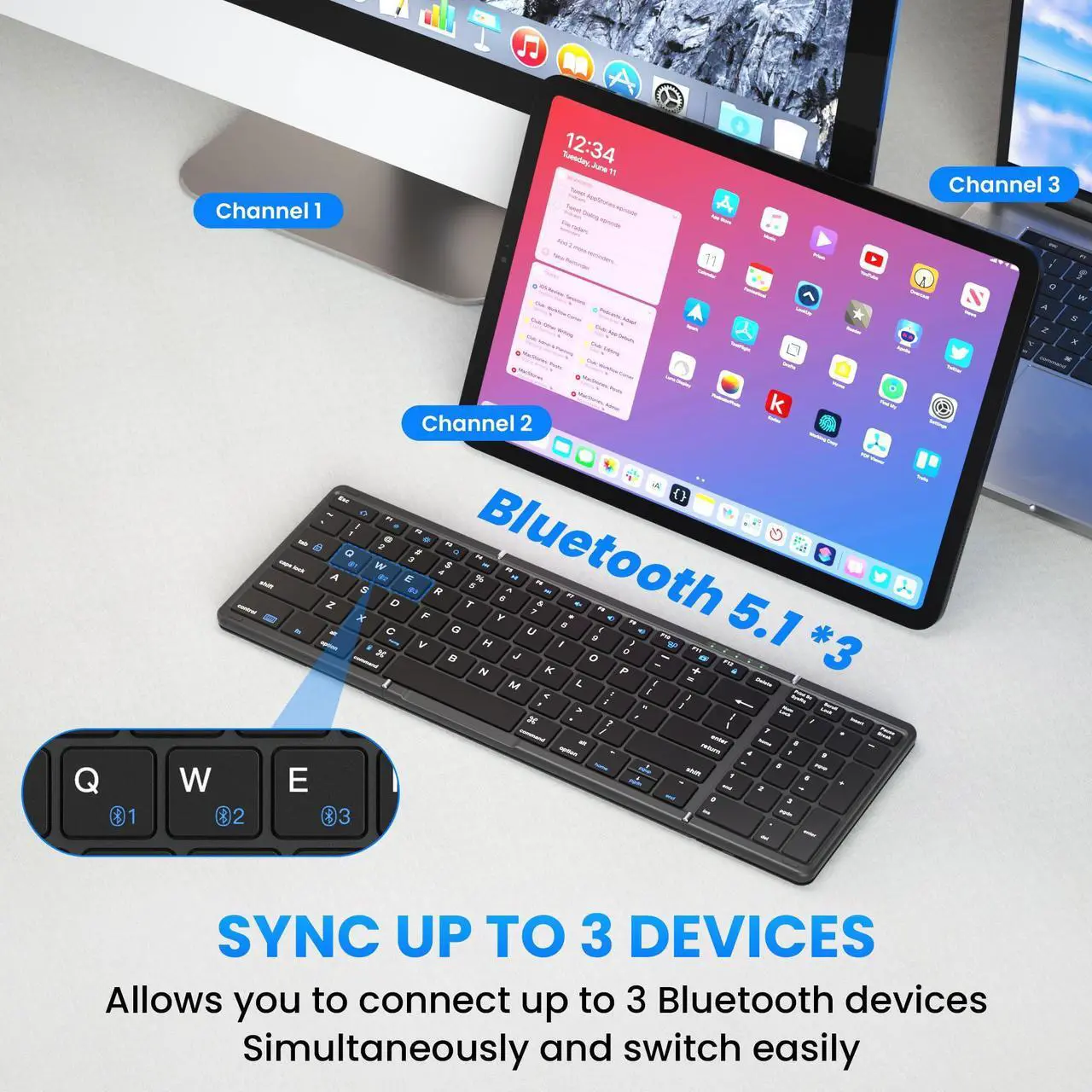 Alt view image 2 of 5 - Folding Bluetooth Keyboard, Sync Up to 3 Devices with Numeric Keypad, Rechargeable Portable Travel Keyboard for Windows iOS Android Tablet Smartphone Laptop, Black (3 Folding keyboard BT5.1 x 3)