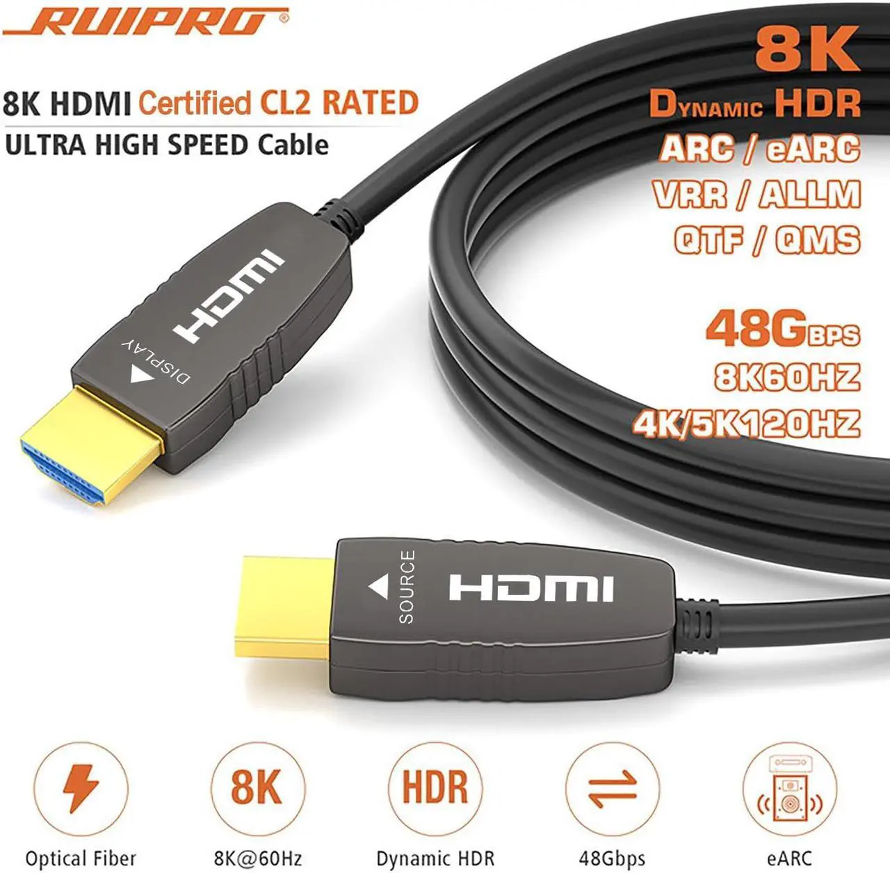 Alt view image 2 of 5 - RUIPRO 8K HDMI Ultra High Speed Latest 2.1b Certified Fiber Optic Cable CL2 Rated 50 Feet 8K60Hz 4K120Hz 48Gbps eARC HDR HDCP2.3 for RTX4080/4090/3080/3090 Xbox PS5 AVR Projector LG/Samsung/Sony