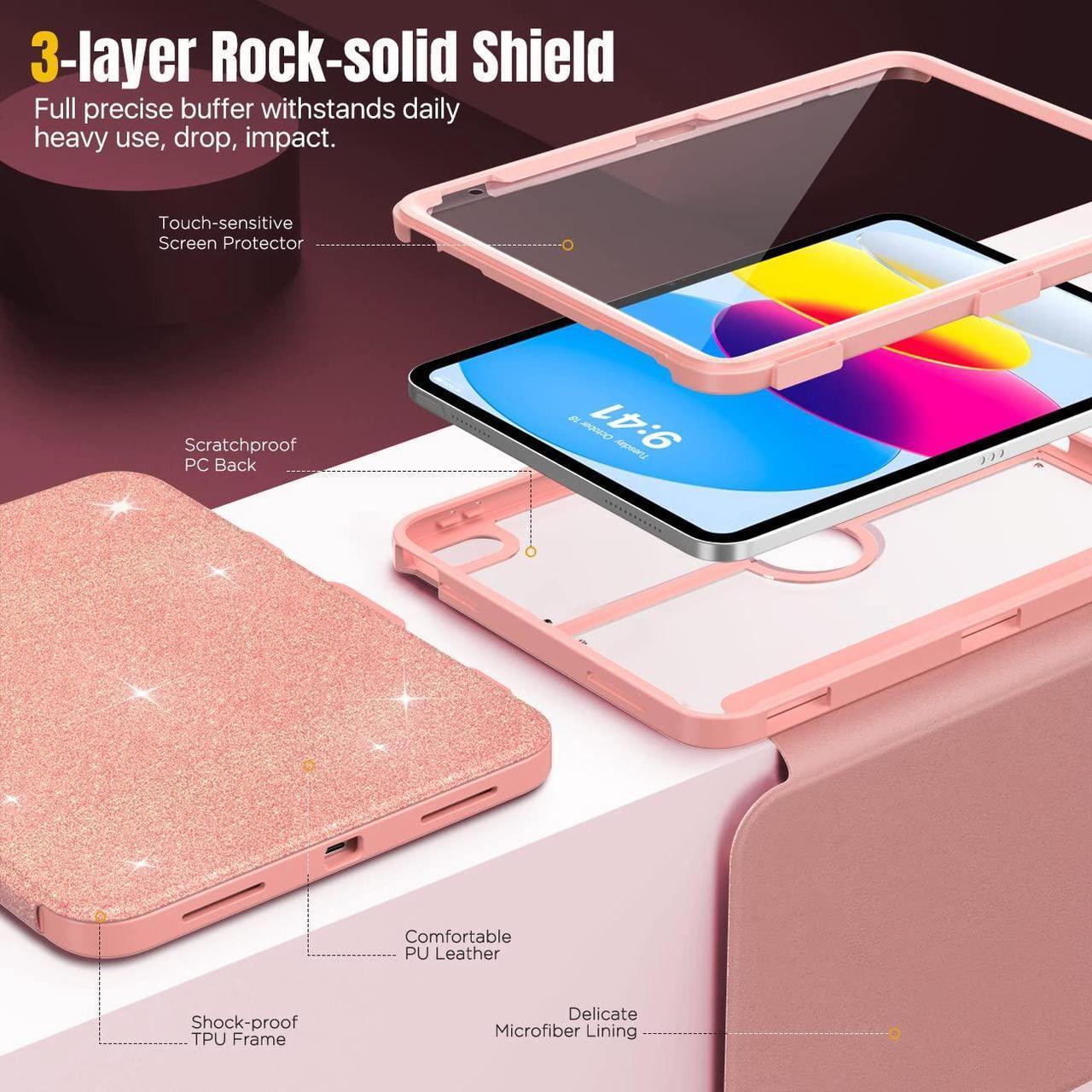 Alt view image 4 of 5 - MoKo Case for iPad 10th Generation with Pencil Holder, iPad Case 10th Generation 2022 10.9 inch, Built-in Screen Protector Clear Back, Multi Angle Viewing Stand, Auto Wake/Sleep, Glitter Pink
