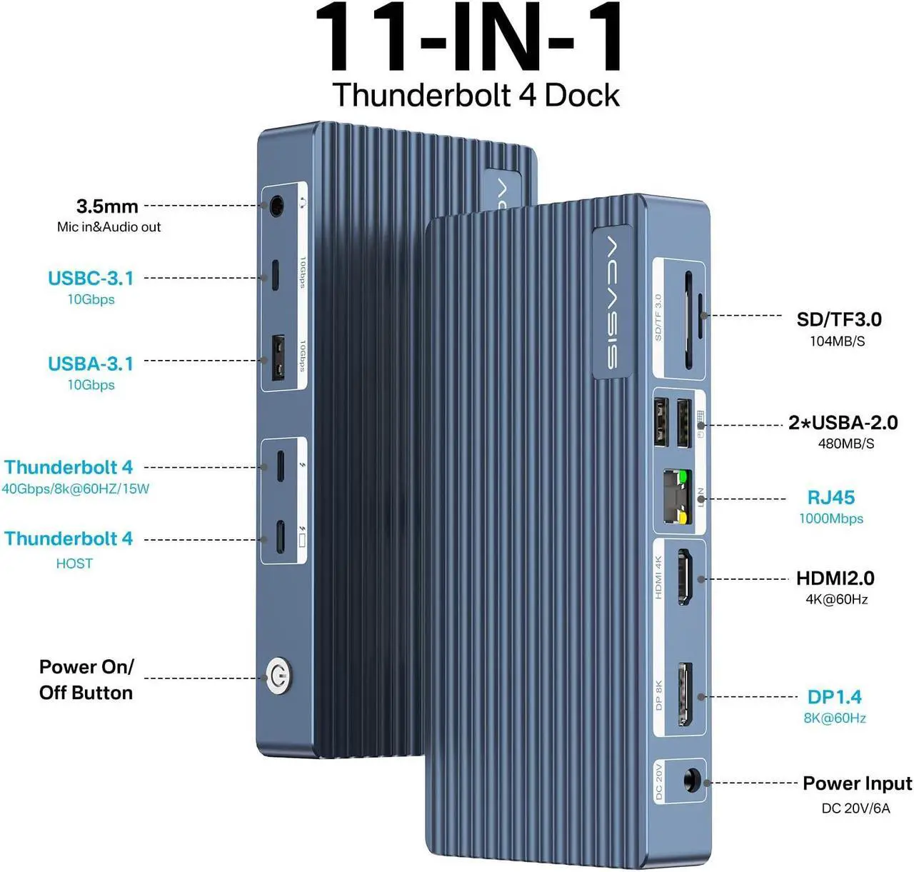 Alt view image 2 of 5 - ACASIS Thunderbolt 4 Dock - 11 Ports, 8K60Hz HDMI, 1 GbE Ethernet, SD/TF 4.0, 10Gbps USB C/A, 3.5mm Audio, MacBook Docking Station Dual Monitor, 40Gbps Dock for Mac M1/M2/M3 Pro/Max