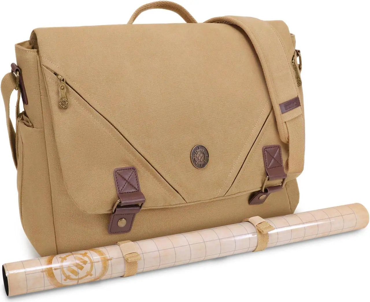 Main image of ENHANCE Venture DND Bag - Canvas RPG Player's Essentials Dungeons and Dragons Canvas Messenger Bag with Vegan Leather Accents Fits 2-4 Books, Dice & Accessories, with 17 inch Laptop Slot (Khaki)