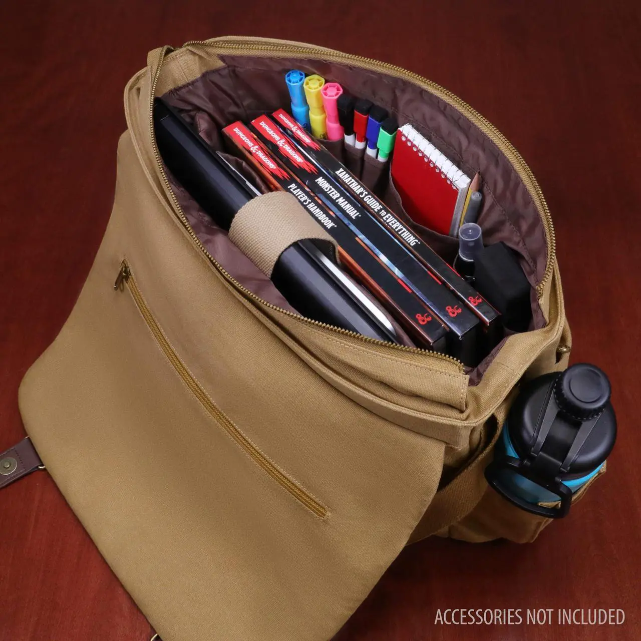 Alt view image 3 of 5 - ENHANCE Venture DND Bag - Canvas RPG Player's Essentials Dungeons and Dragons Canvas Messenger Bag with Vegan Leather Accents Fits 2-4 Books, Dice & Accessories, with 17 inch Laptop Slot (Khaki)