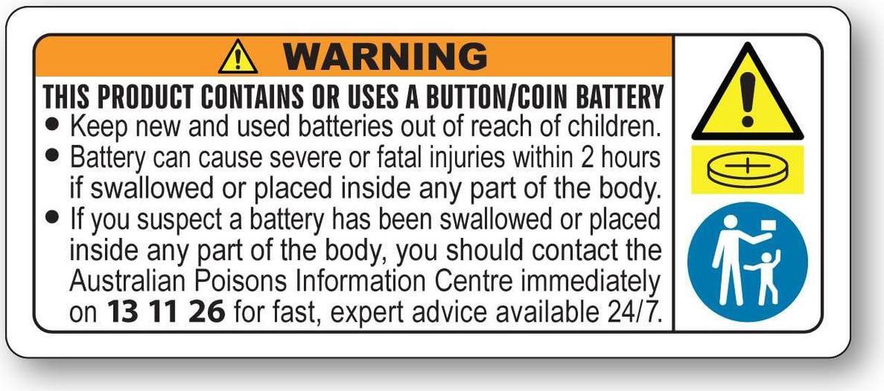 Main image of Australia ISO Compliant 1 Roll of 1,000 Button Cell or Coin Battery Warning Stickers Small 48 mm x 20 mm Ingestion Hazard Child Safety Labels for Consumer Goods Packaging Legible Text Oil/Water-Proof