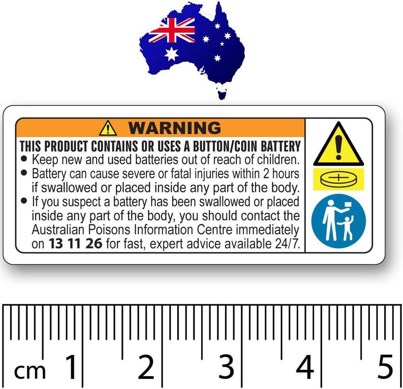 Alt view image 2 of 5 - Australia ISO Compliant 1 Roll of 1,000 Button Cell or Coin Battery Warning Stickers Small 48 mm x 20 mm Ingestion Hazard Child Safety Labels for Consumer Goods Packaging Legible Text Oil/Water-Proof