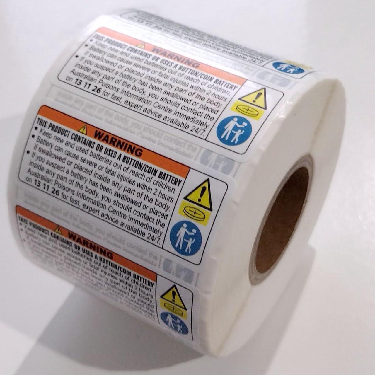 Alt view image 4 of 5 - Australia ISO Compliant 1 Roll of 1,000 Button Cell or Coin Battery Warning Stickers Small 48 mm x 20 mm Ingestion Hazard Child Safety Labels for Consumer Goods Packaging Legible Text Oil/Water-Proof