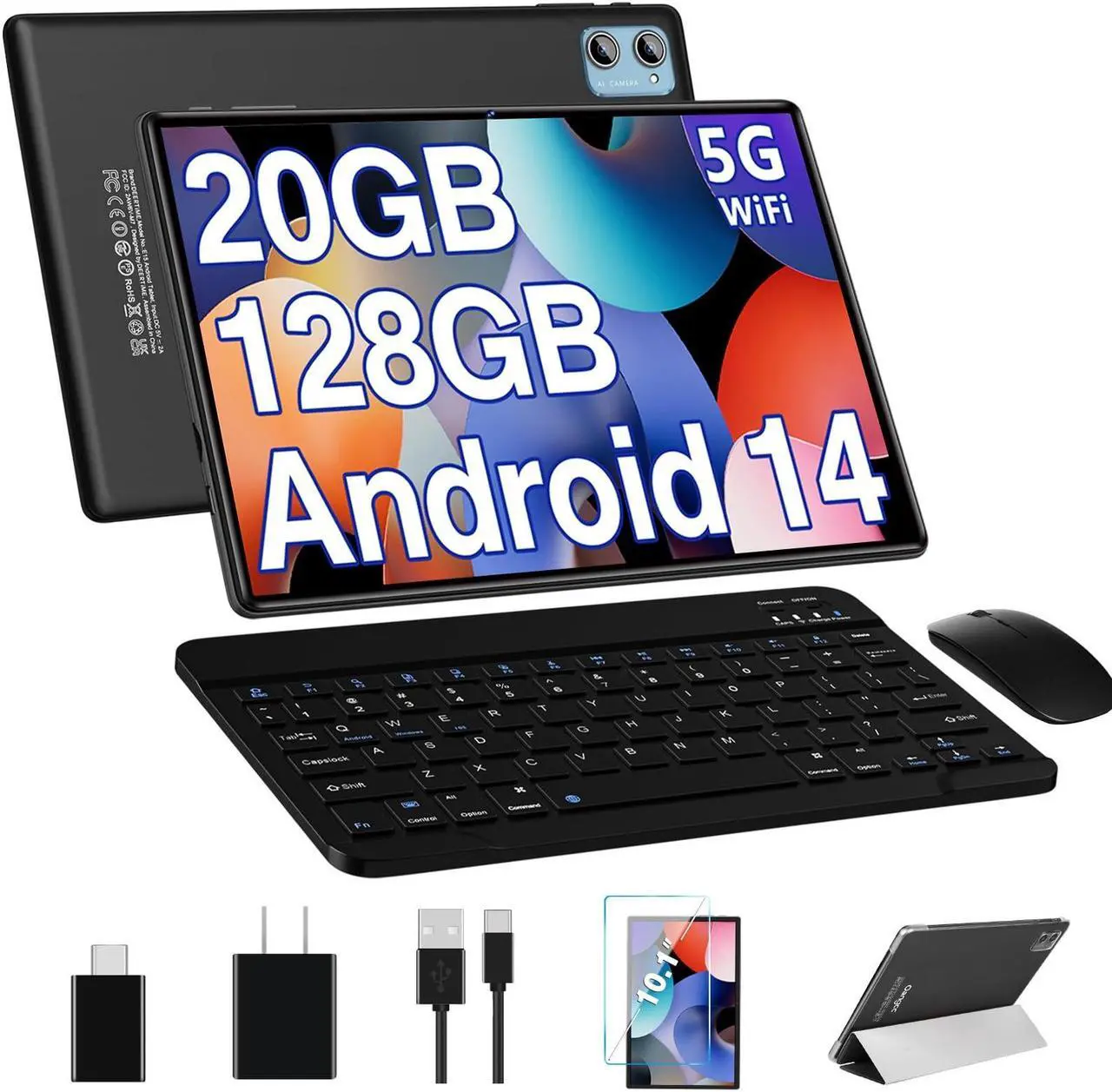 Main image of DEERTiME Android 14 Tablet 10.1 Inch Tablets, 20GB RAM 128GB ROM 1TB Expand Octa-Core 2 in 1 Tablet PC with Keyboard Mouse Case, 1280x800 IPS HD Touchscreen, Bluetooth WI-FI 6, Widevine L1 (Black)