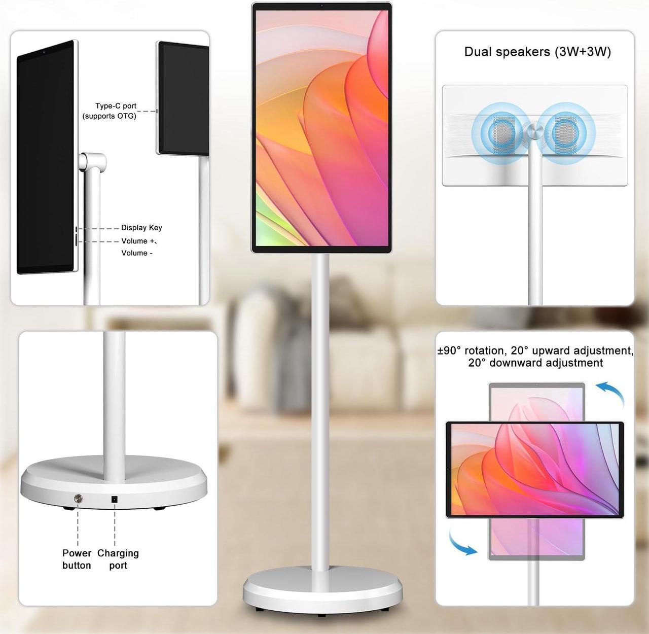 Alt view image 3 of 5 - OFD 22 Inch Portable TV on Wheels 1080P,Large Screen Standbyme 6GB RAM+128GB ROM,Android 13 OS,100% sRGB,5H Play Time,Rolling TV Tablet for Family,Rotating Touchscreen Monitor with Base,60Hz Re,White
