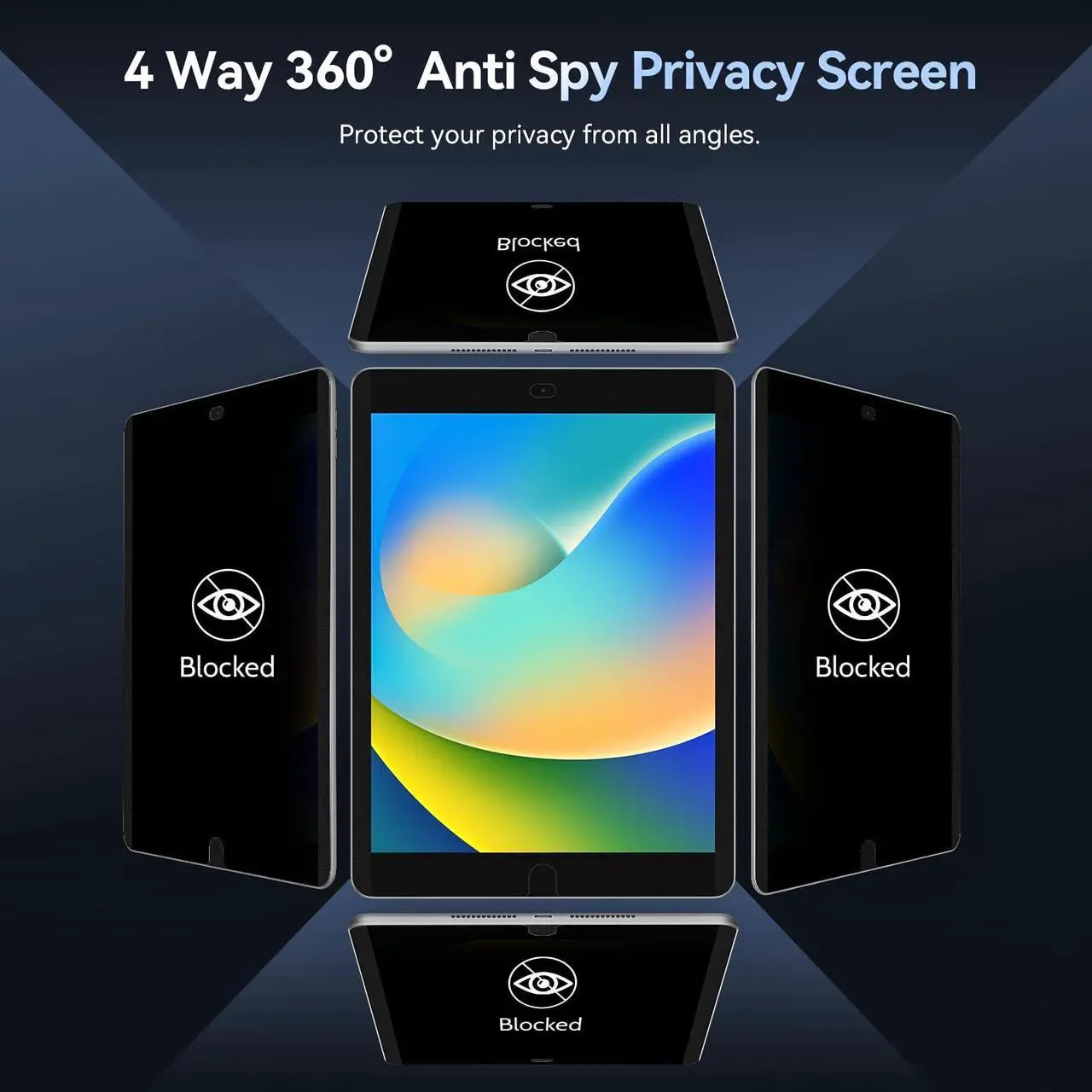 Alt view image 2 of 5 - 360deg 4 Way Magnetic Privacy Filter for iPad 9th/8th/7th Generation (10.2 Inch, 2019/2020/2021), Removable Anti-Glare Blue Light Matte Privacy Screen Protector, Anti-Scratch, Bubble-Free, Reusable