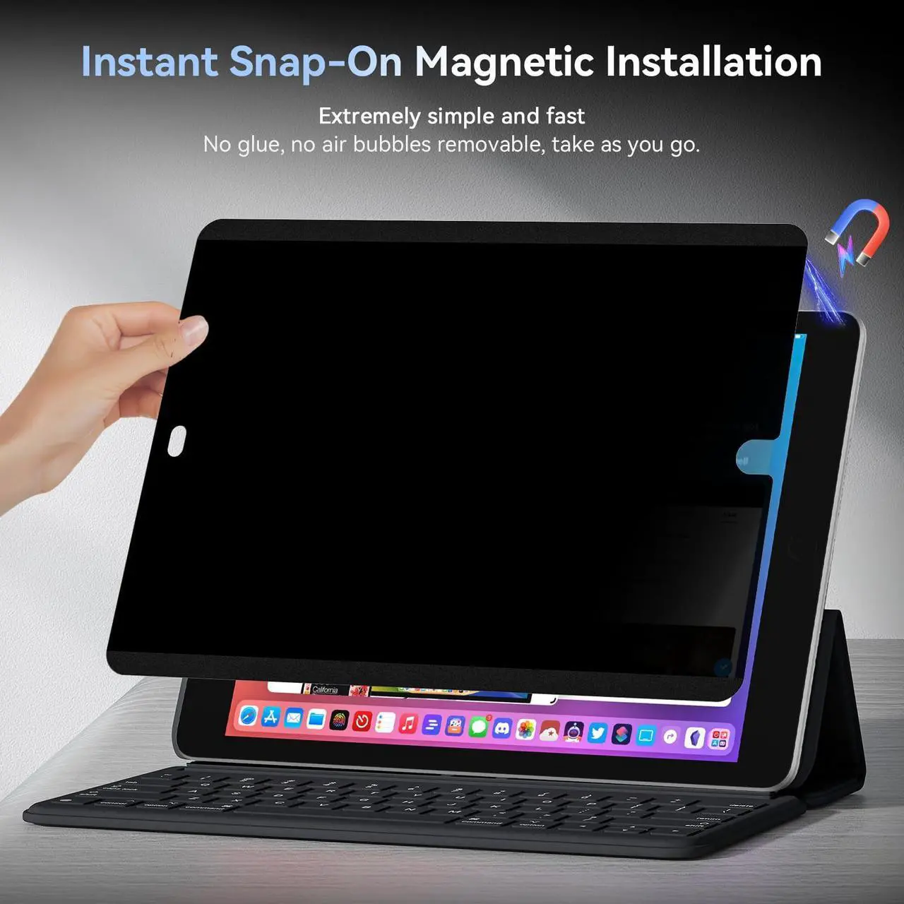 Alt view image 3 of 5 - 360deg 4 Way Magnetic Privacy Filter for iPad 9th/8th/7th Generation (10.2 Inch, 2019/2020/2021), Removable Anti-Glare Blue Light Matte Privacy Screen Protector, Anti-Scratch, Bubble-Free, Reusable