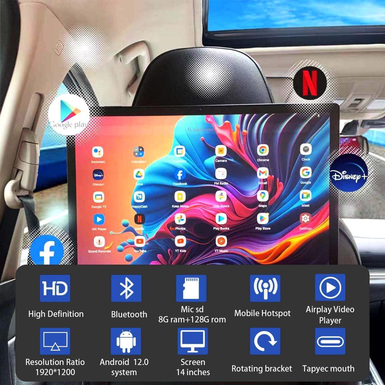 Alt view image 2 of 5 - Suvisukua 14 inch 4K 8G+128G one Android 12 Portable Car TV Headrest Monitor Tablet for Back seat, Support Phone Wireless mirroring Touch Screen,with Bluetooth/WiFi 5GHz Car Video Player