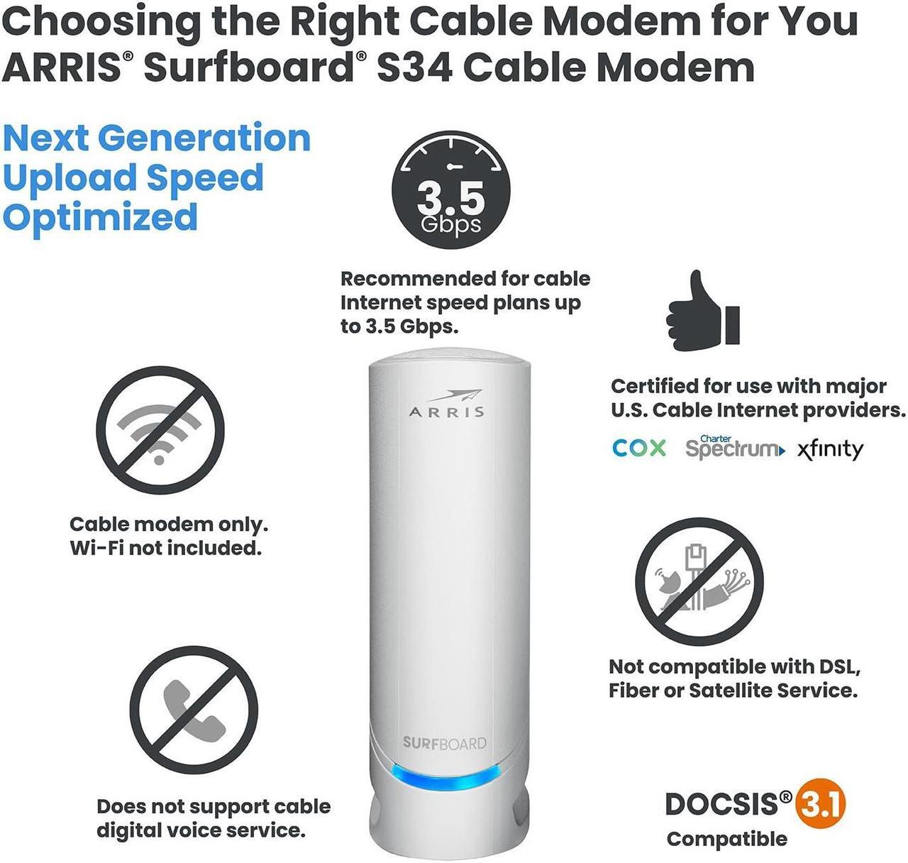 Alt view image 2 of 5 - ARRIS Surfboard S34 DOCSIS 3.1 Multi-Gigabit Cable Modem | Approved for Comcast Xfinity, Cox, Spectrum & More | 2.5 Gbps Max Internet Speeds | Next-Generation Upload Speed Optimized| 2 Year Warranty