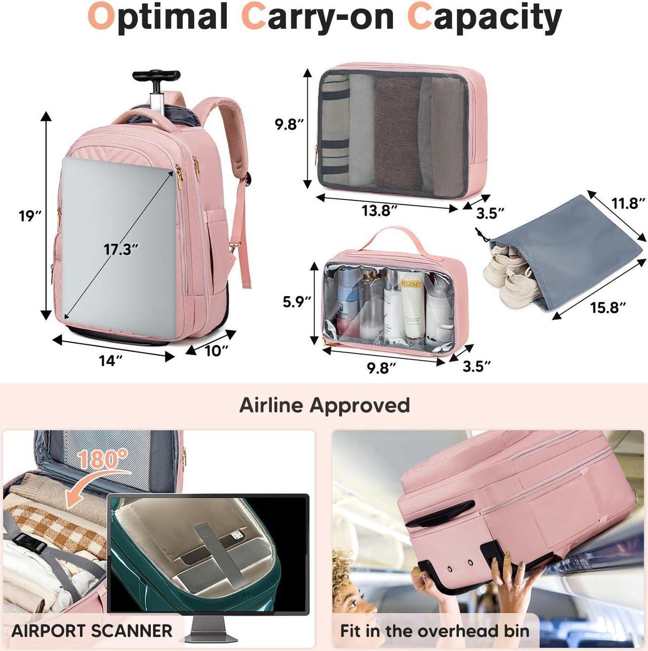 Alt view image 5 of 5 - Vessgra Rolling Backpack for Women Adults with wheels, 17.3 Inch Laptop Backpack Bag with Wheels for Travel Work Business (1Pc Backpack with 3 Packing Cubes)