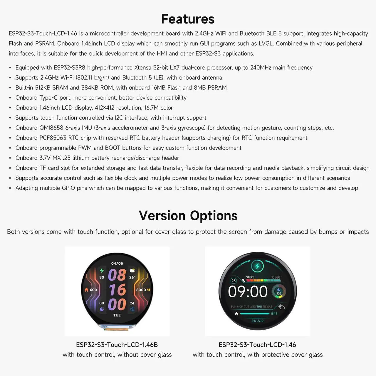 Alt view image 4 of 5 - Waveshare ESP32-S3 1.46inch Round Display Development Board, 412x412, Supports Wi-Fi & BLT, Accelerometer and Gyroscope Sensor, Onboard Speaker and Microphone, Without Protective Cover Glass