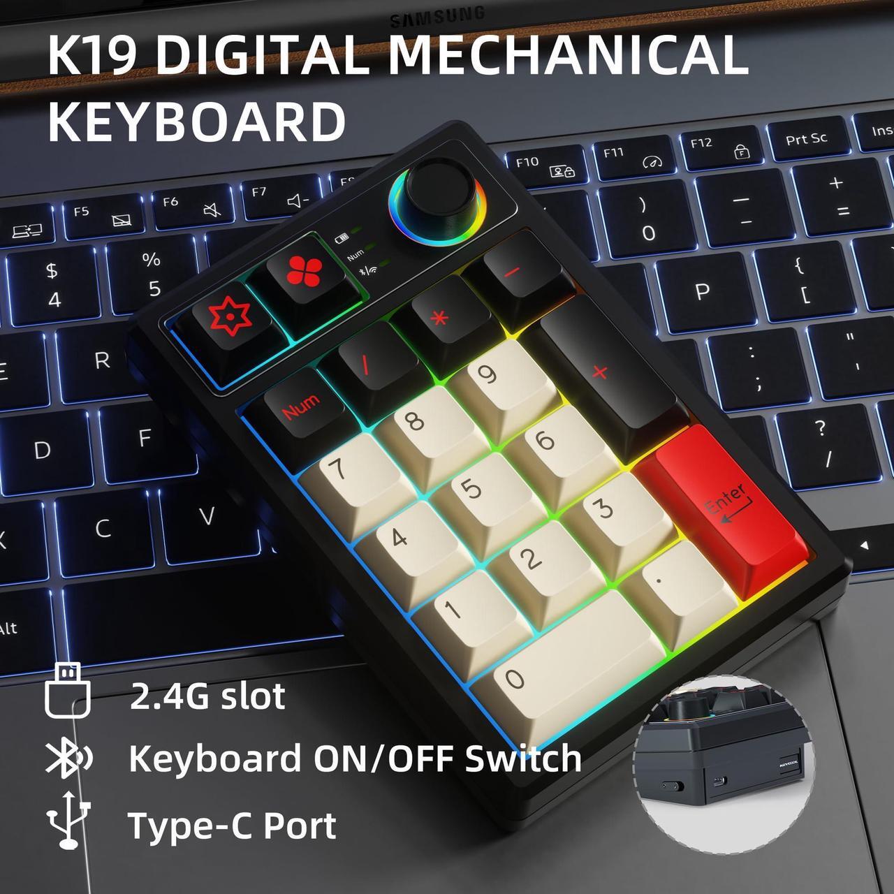 Alt view image 4 of 5 - KEYCOOL K19 Wireless Numeric Keyboard, Mechanical Number Keypad Hot-swappable Bluetooth Numpad 5.0/2.4GHz, RGB Multi-Function Knob Numerical Keyboard for Laptop Mac Win iOS Android