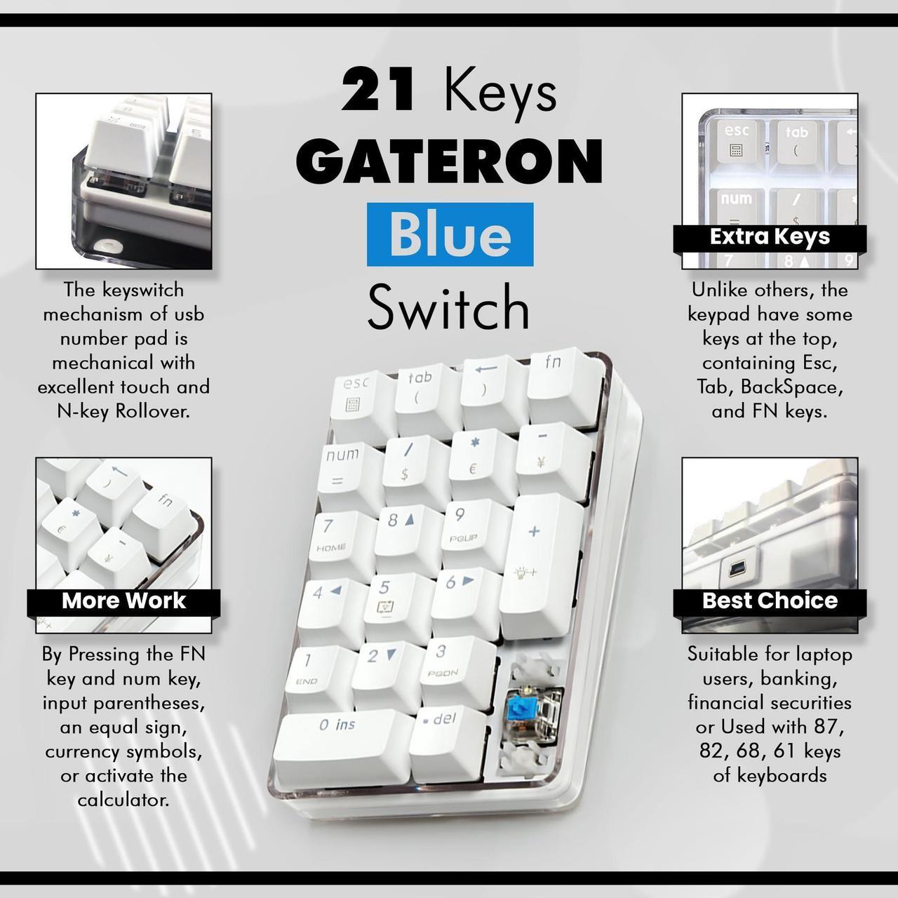 Alt view image 3 of 5 - Qisan Mechanical Numeric Keypad GATERON Blue Switch Wired Crystal Case White Backlit Gaming Keypad 21 Keys Mini Numpad Portable Mechanical Numpad Extended | Laptop Accessories | keypad for Computer