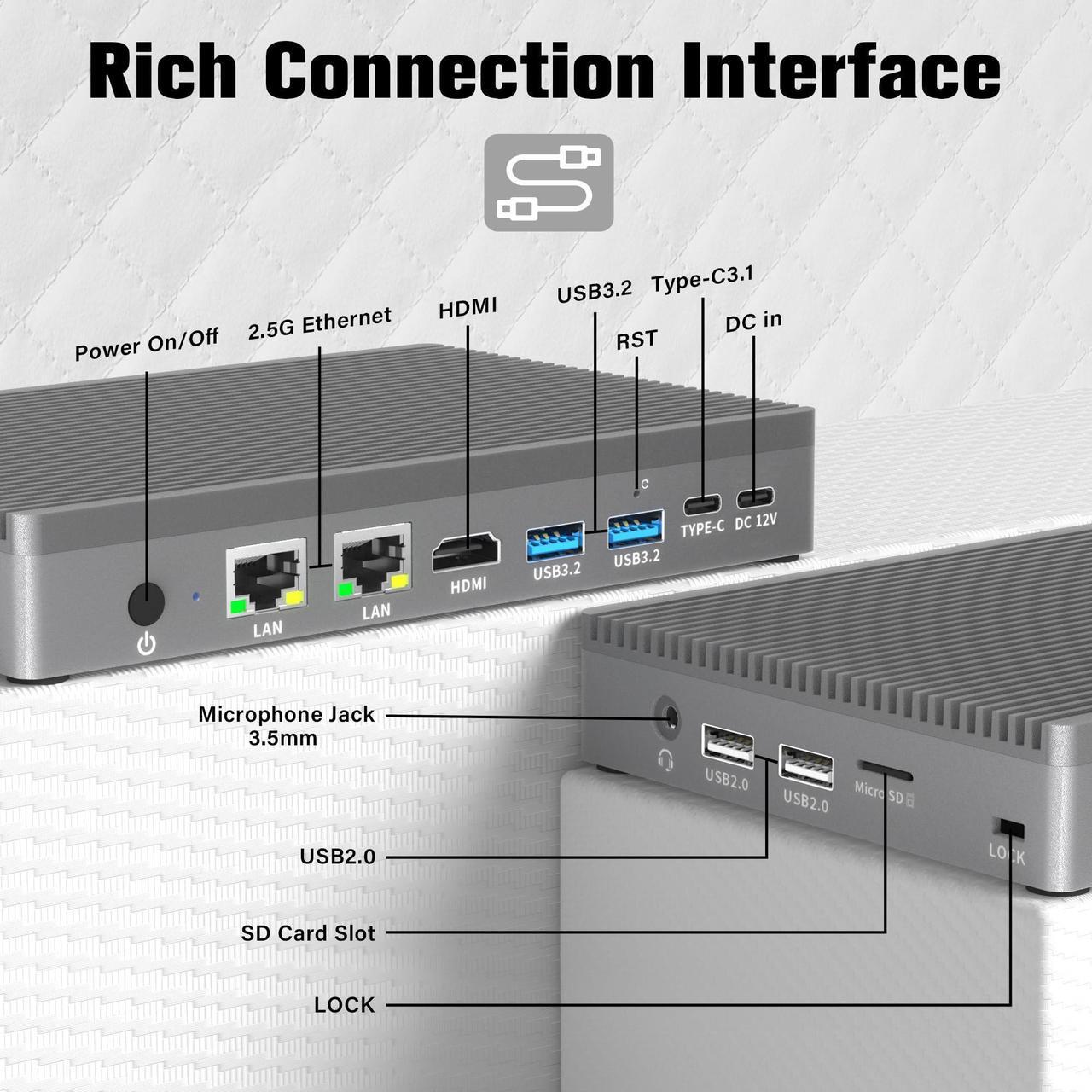 Alt view image 5 of 5 - HEIGAOLAPC Mini PC, 12th Gen Alder Lake- N100(up to 3.4GHz), 16GB RAM 256GB eMMC, Fanless Mini Desktop, Full-Functional USB-C, Dual LAN 2.5G Ethernet, Dual Display 4K 60Hz, WiFi BT 5.2