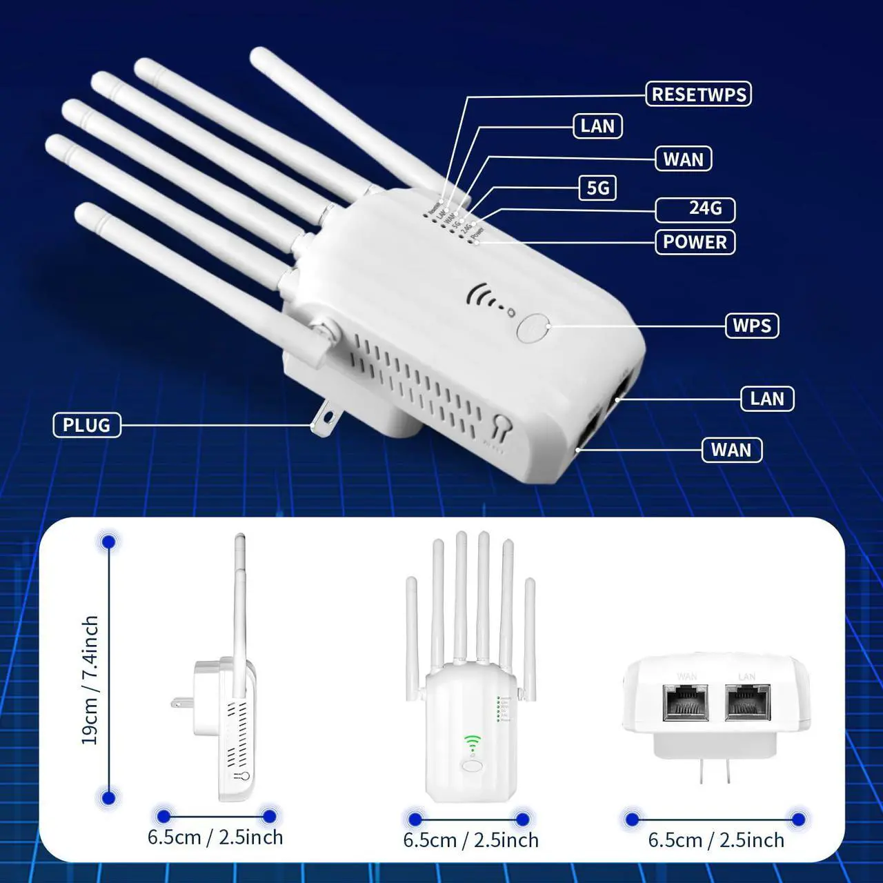 Alt view image 3 of 5 - WiFi Extender Signal Booster - Internet Repeater for Home, Up to 1500 Sq.ft, 100+ Devices, Dual Band 5GHz/2.4GHz, 1200Mpbs Strong Signal Penetrability, Long Range Wireless Booster with Ethernet Port