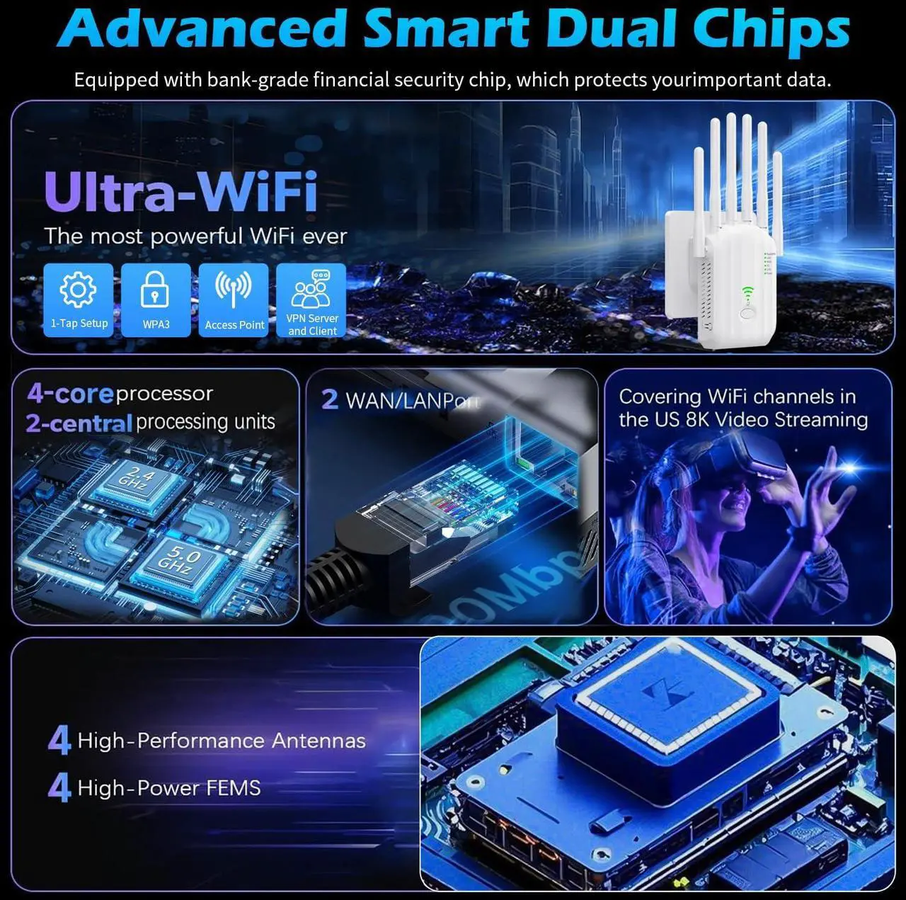 Alt view image 4 of 5 - WiFi Extender Signal Booster - Internet Repeater for Home, Up to 1500 Sq.ft, 100+ Devices, Dual Band 5GHz/2.4GHz, 1200Mpbs Strong Signal Penetrability, Long Range Wireless Booster with Ethernet Port