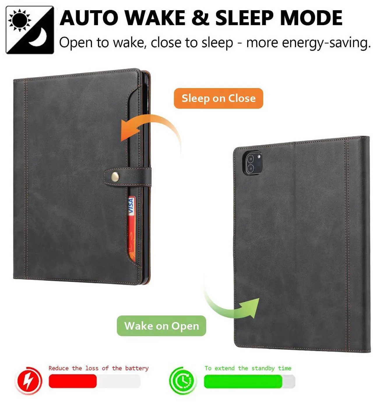 Alt view image 2 of 5 - Folio Case for iPad Air 13-inch (M2) 2024 / iPad Pro 12.9" 2018-2022, TECHCIRCLE Vegan Leather Folding Stand [Pencil Holder] Soft TPU Shell Protective Smart Cover with Card Slots & Pockets, Black