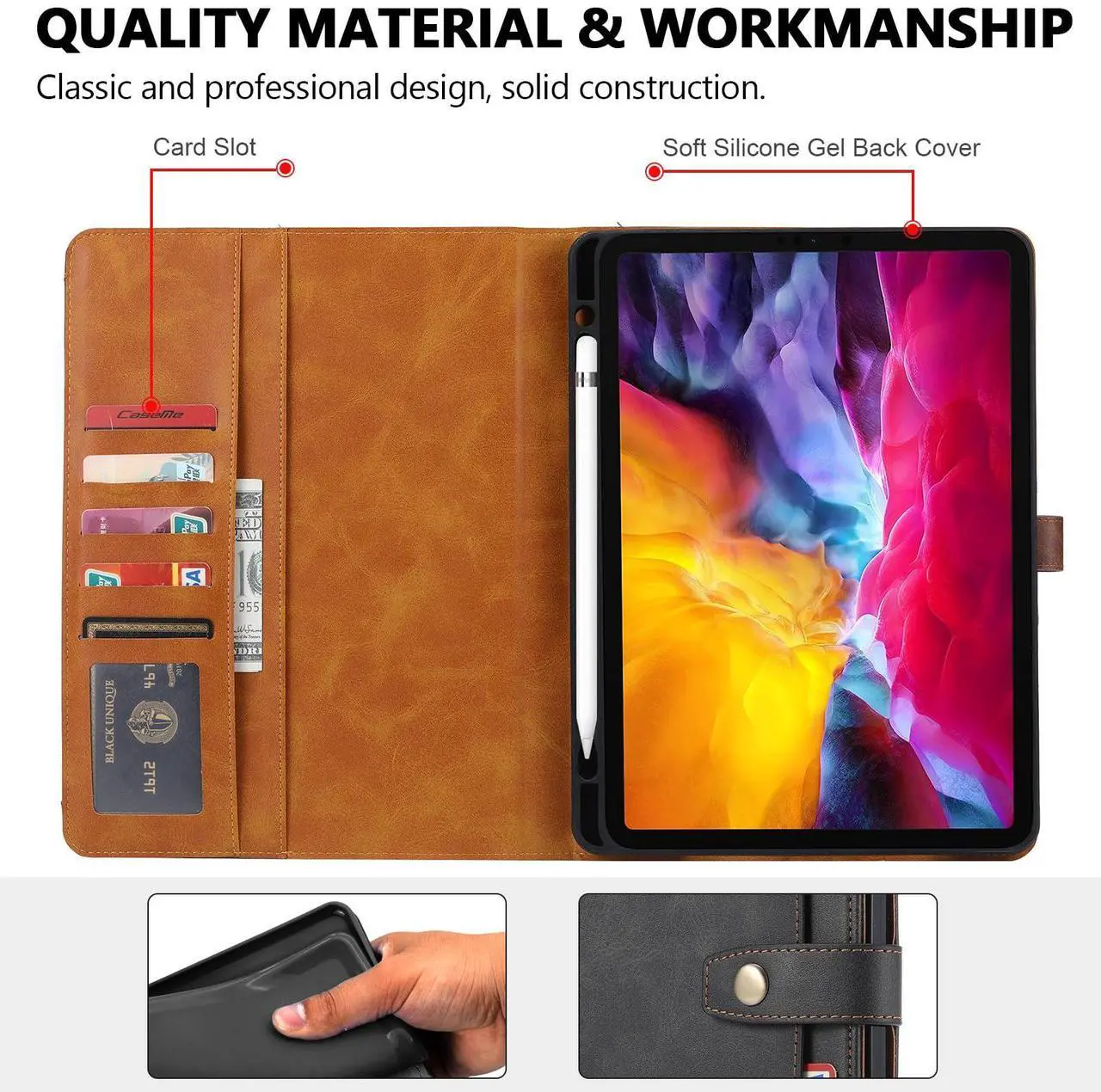 Alt view image 3 of 5 - Folio Case for iPad Air 13-inch (M2) 2024 / iPad Pro 12.9" 2018-2022, TECHCIRCLE Vegan Leather Folding Stand [Pencil Holder] Soft TPU Shell Protective Smart Cover with Card Slots & Pockets, Black