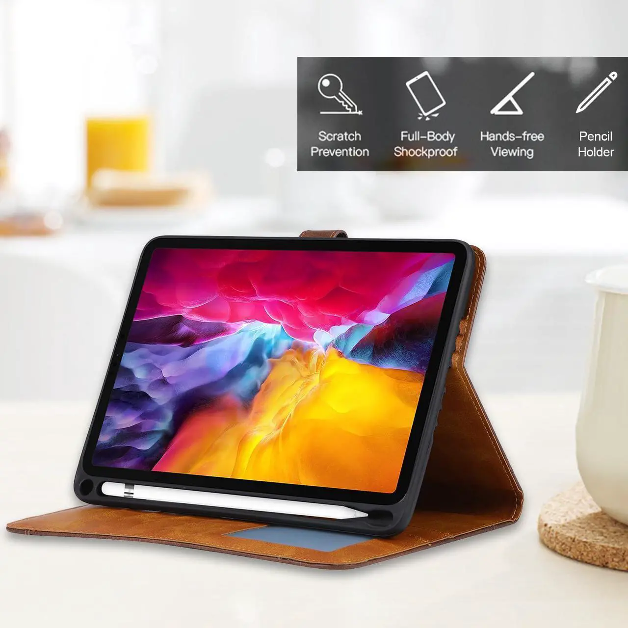 Alt view image 4 of 5 - Folio Case for iPad Air 13-inch (M2) 2024 / iPad Pro 12.9" 2018-2022, TECHCIRCLE Vegan Leather Folding Stand [Pencil Holder] Soft TPU Shell Protective Smart Cover with Card Slots & Pockets, Black