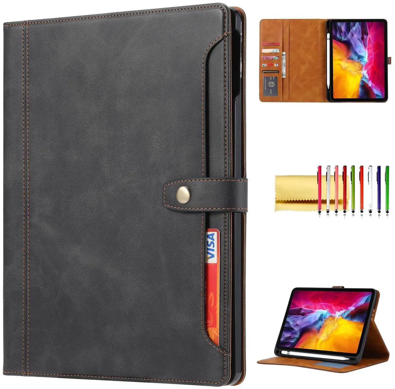 Main image of Folio Case for iPad Air 13-inch (M2) 2024 / iPad Pro 12.9" 2018-2022, TECHCIRCLE Vegan Leather Folding Stand [Pencil Holder] Soft TPU Shell Protective Smart Cover with Card Slots & Pockets, Black