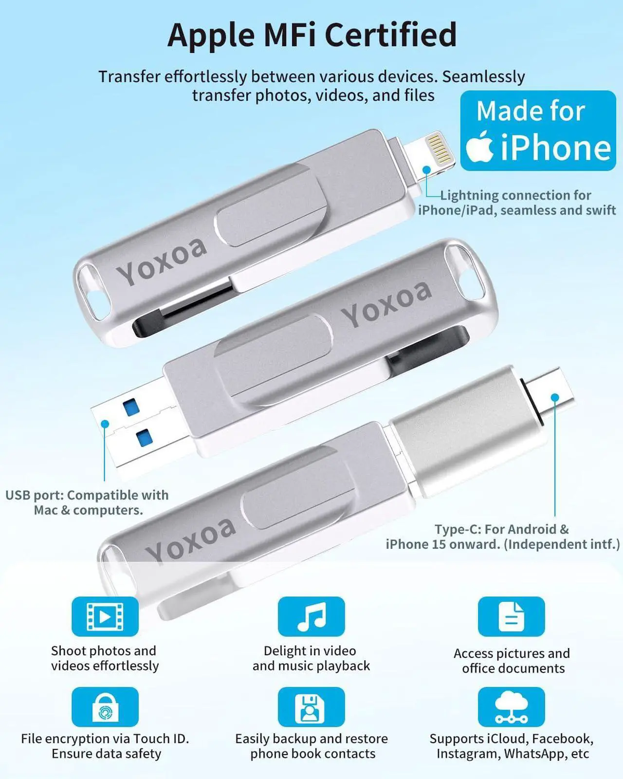 Alt view image 2 of 5 - MFi Certified 256GB Flash Drive for iPhone & iPad, High-Speed Photo Stick for External Memory Storage, Backup & Transfer Files, Thumb Drive Memory Stick for iPhone/iPad/iOS/Android/PC (Silver)