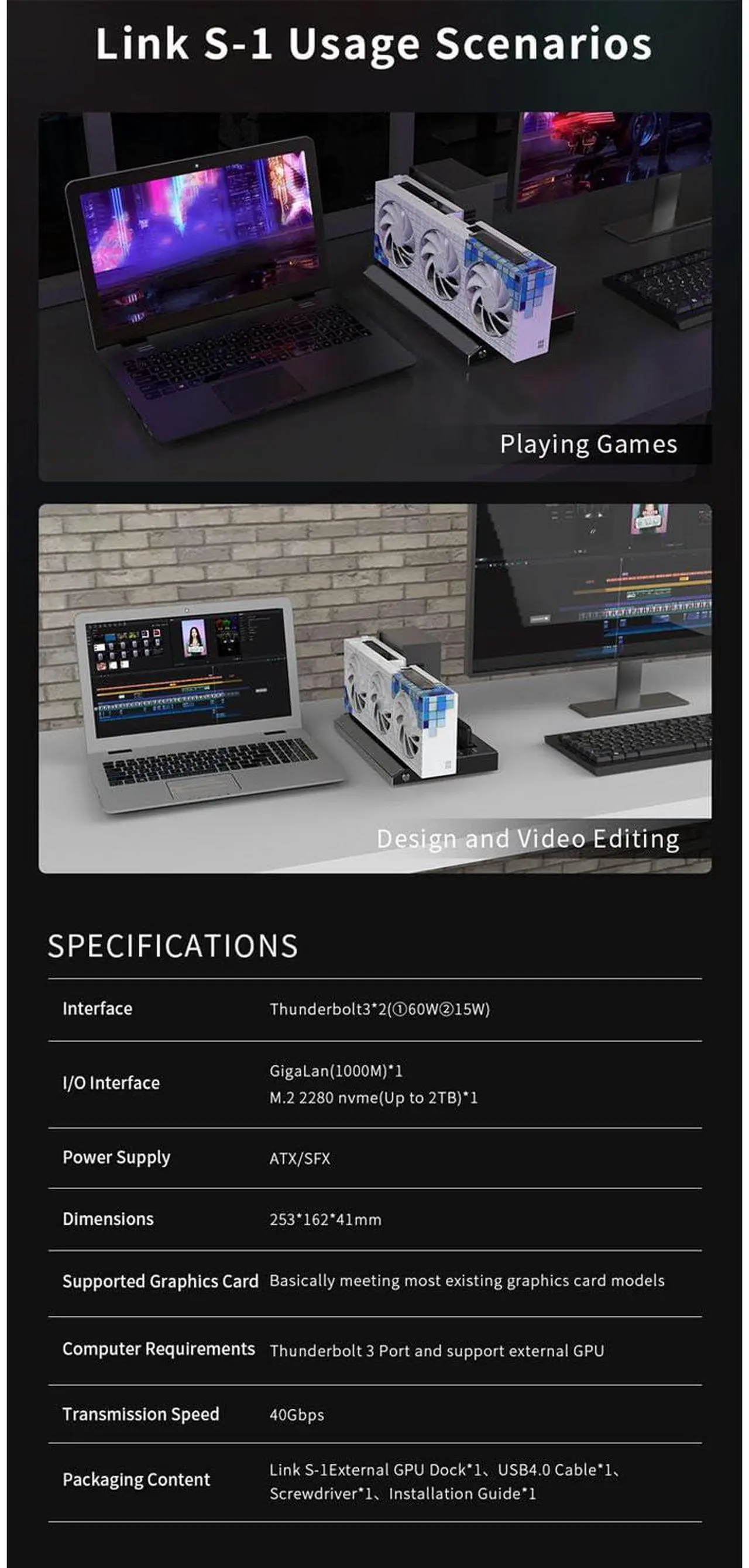 Alt view image 2 of 5 - Portable External GPU Dock Station, Mini EGPU Enclosure 40Gbps Graphics Card Extension Bracket DC ATX SFX Power Supply, USB4 PD 60W Charging, Support Daisy Chain