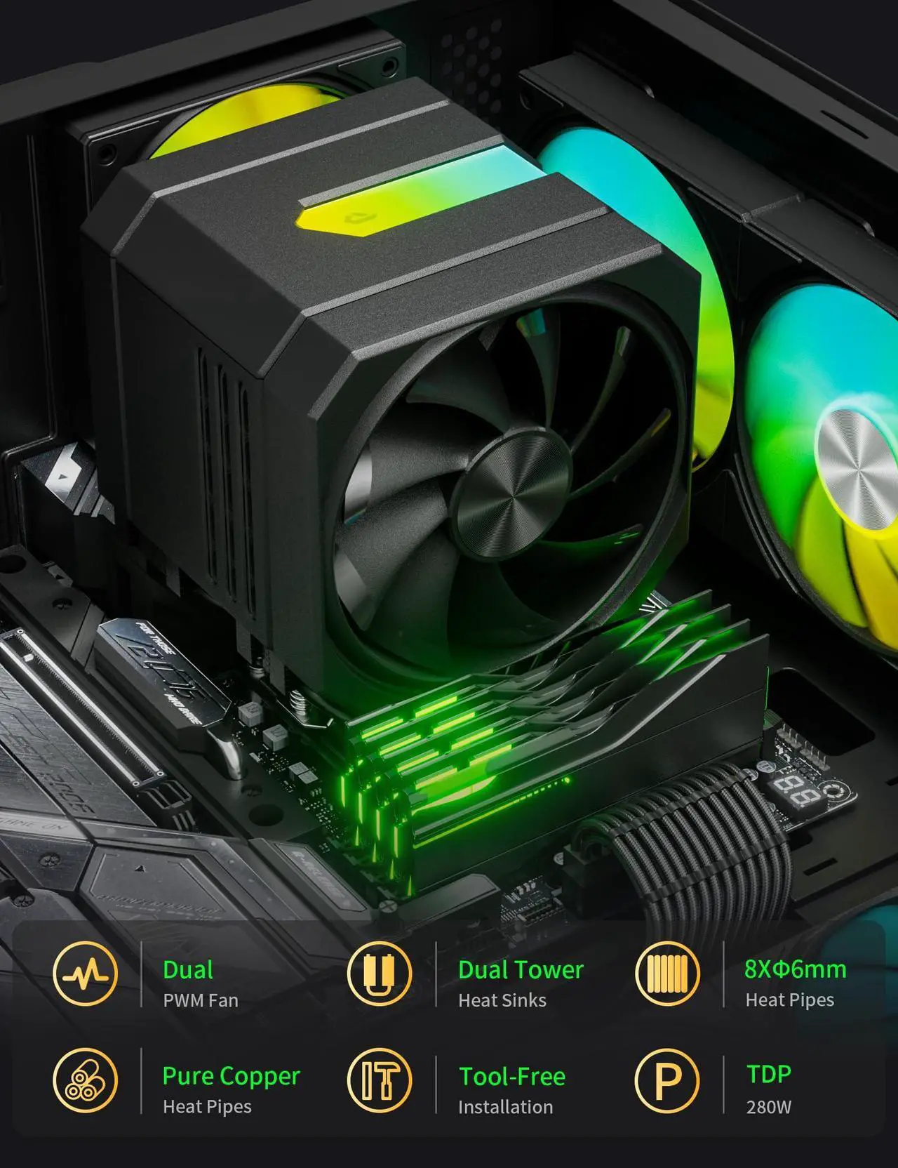 Alt view image 5 of 5 - CPU Air Cooler with 8X6mm Heat Pipes,Dual 120mm Fan ARGB CPU Cooler 1600rmp,CPU Air Cooler AMD AM5/AM4/AM3 Series,CPU Air Cooler 6.22'' Height compatible with Intel LGA 1851/1700/1155/1156/2011(Black)