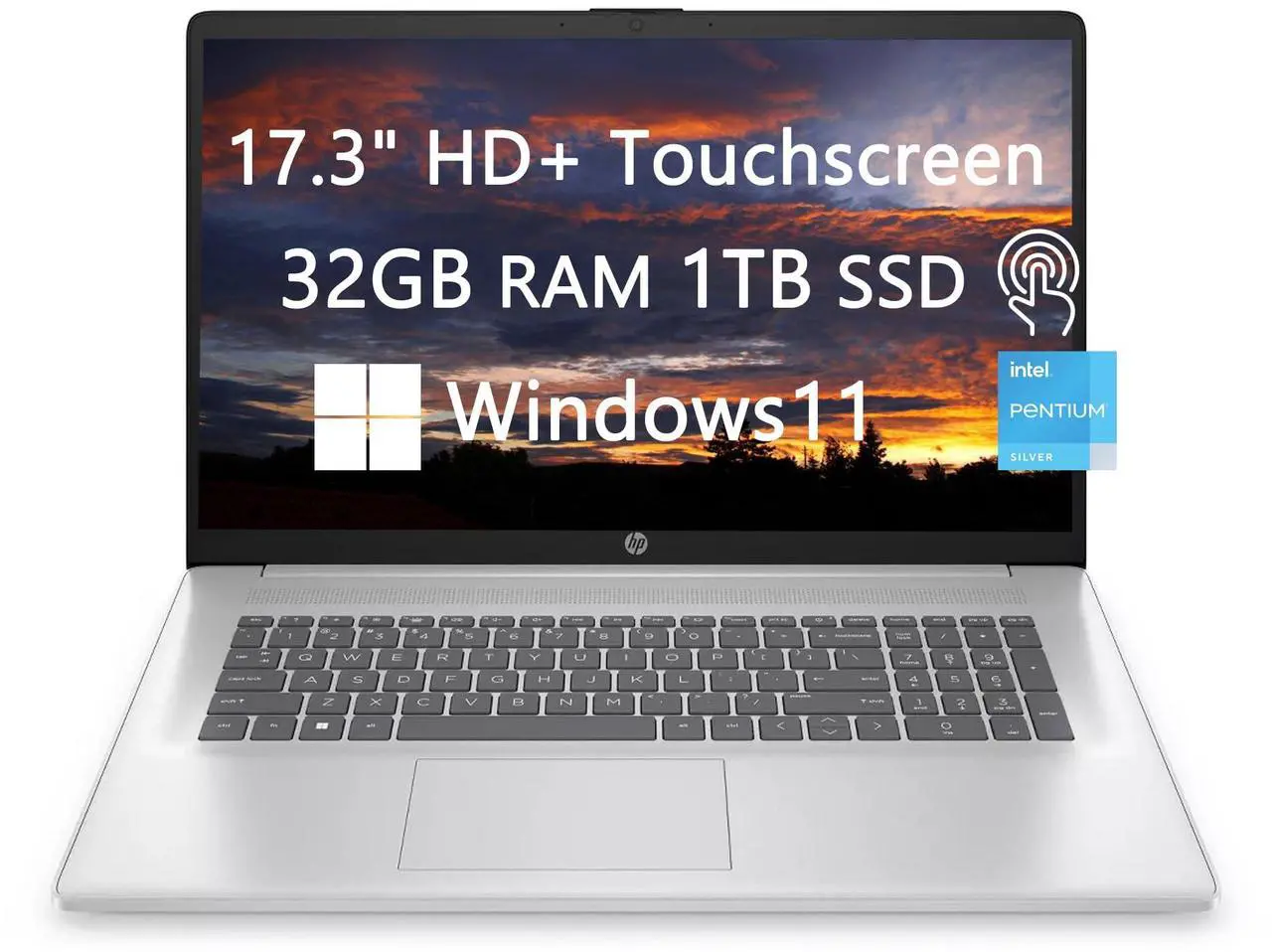 Main image of HP 17.3" HD+ Touchscreen Laptop, Intel Pentium N5030 Processor, 32GB RAM, 1TB SSD, Webcam, Wi-Fi, Bluetooth, USB-C, Fast Charge, Windows 11 Home in S Mode, School and Business Ready, LIONEYE Bundle