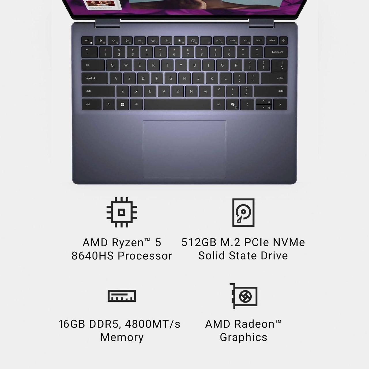 Alt view image 3 of 5 - Dell Inspiron 14 7445 7440 2-in-1 Laptop, 14" FHD+ Touchscreen, AMD Ryzen 5 8640HS, 16GB DDR5 RAM, 512GB SSD, AI Copilot for Creators, Designers & Students, Backlit Keyboard, Windows 11 Pro